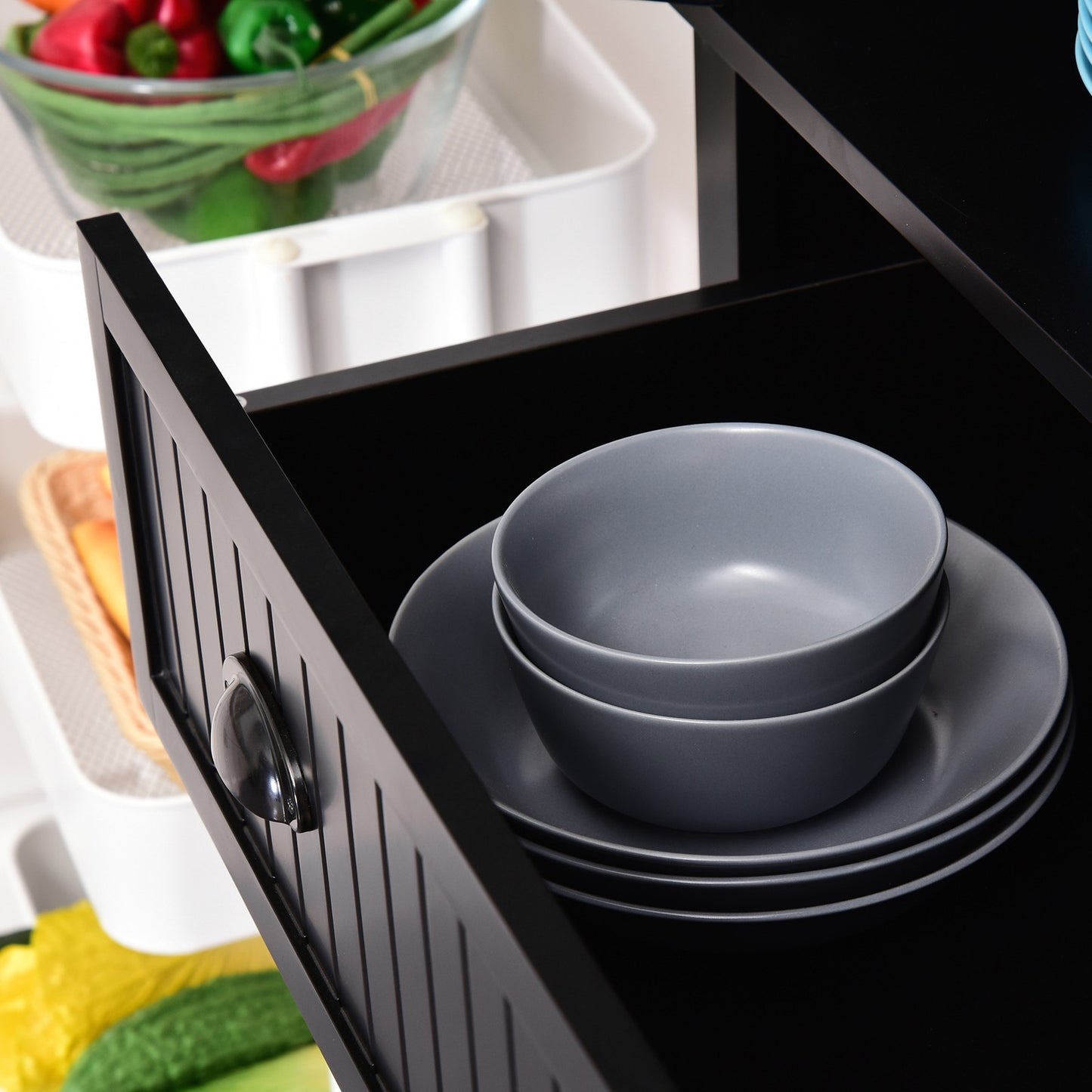 HOMCOM Freestanding Kitchen Storage Cabinet Drawers Cupboards Shelves Black