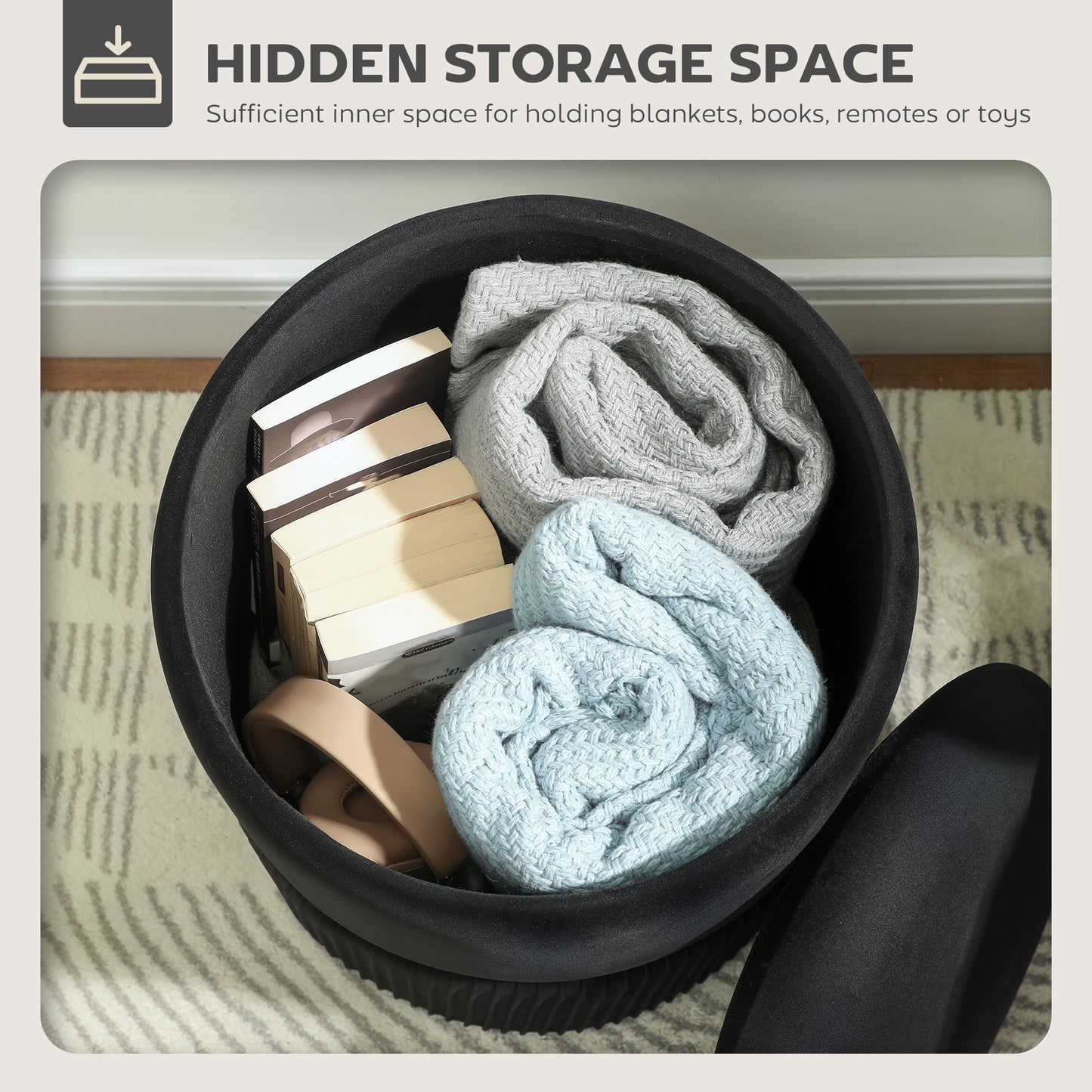 Round Storage Foot Stool, Velvet-Feel Fabric Upholstered Pouffe