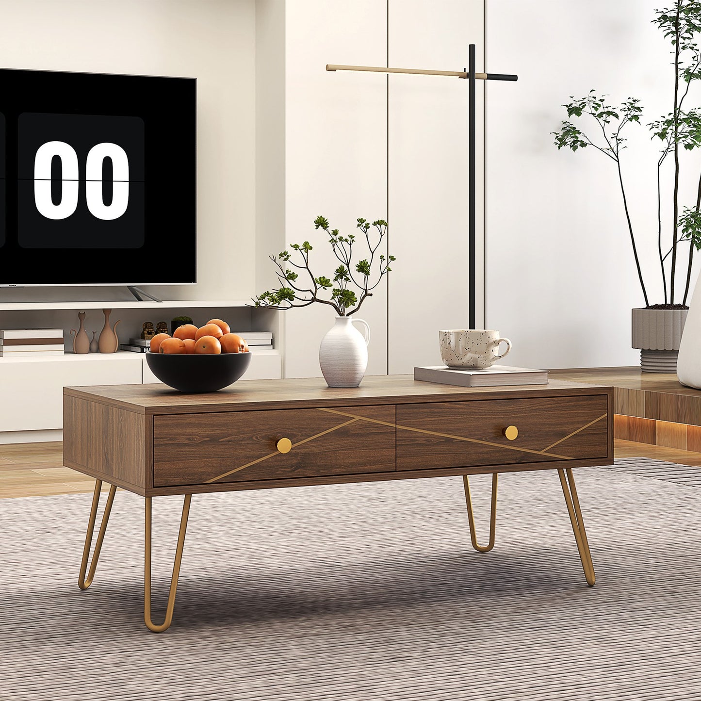 Coffee Table with Storage, Living Room Tea Table with Drawers, Steel Base, Brown