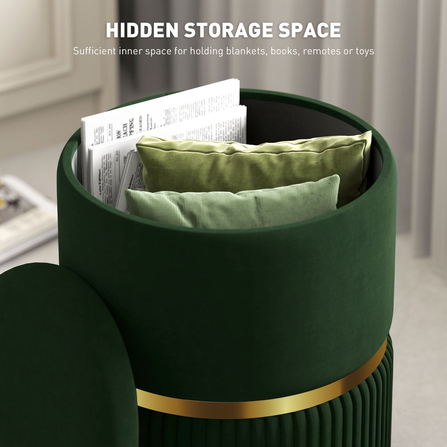 Round Storage Foot Stool, Velvet-Feel Fabric Upholstered Pouffe
