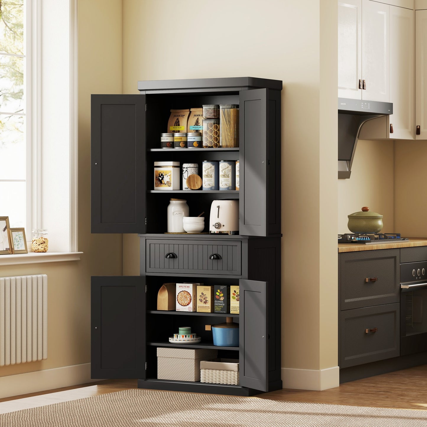 HOMCOM Freestanding Kitchen Storage Cabinet Drawers Cupboards Shelves Black