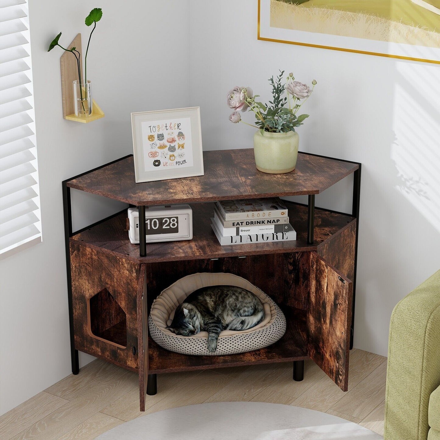 COSTWAY Corner Cat Litter Box Enclosure Cat House Cabinet with Open Shelf