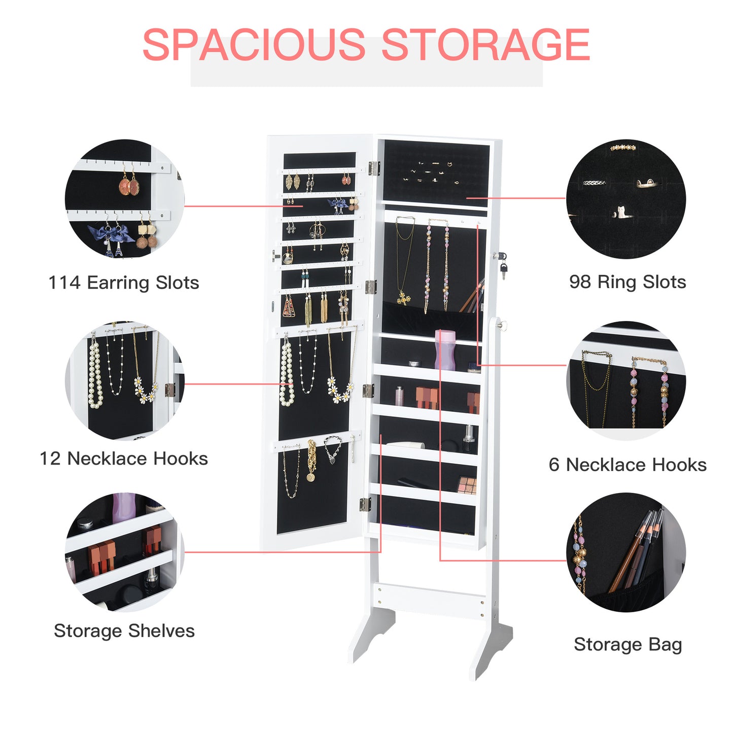 Lockable Jewellery Storage Cabinet Mirror Armoire Freestanding Adjustable White
