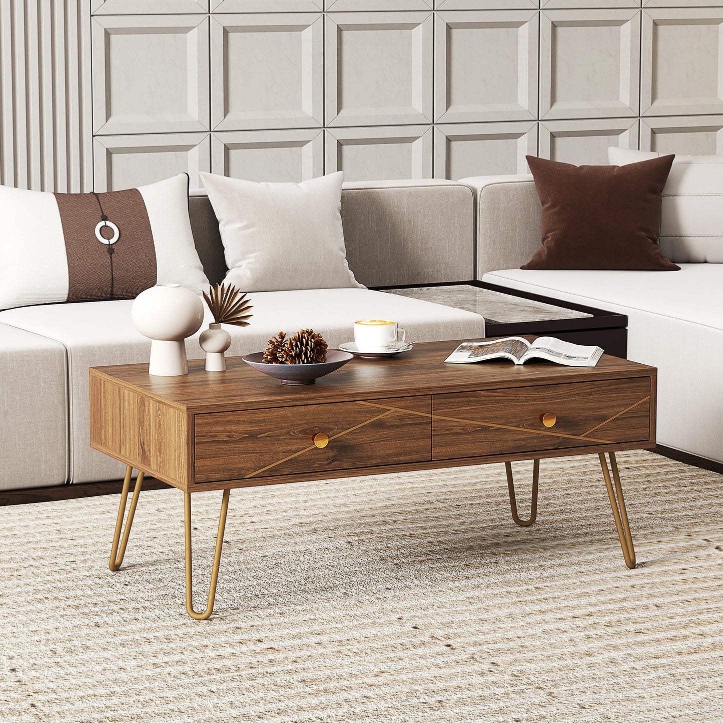 Coffee Table with Storage, Living Room Tea Table with Drawers, Steel Base, Brown