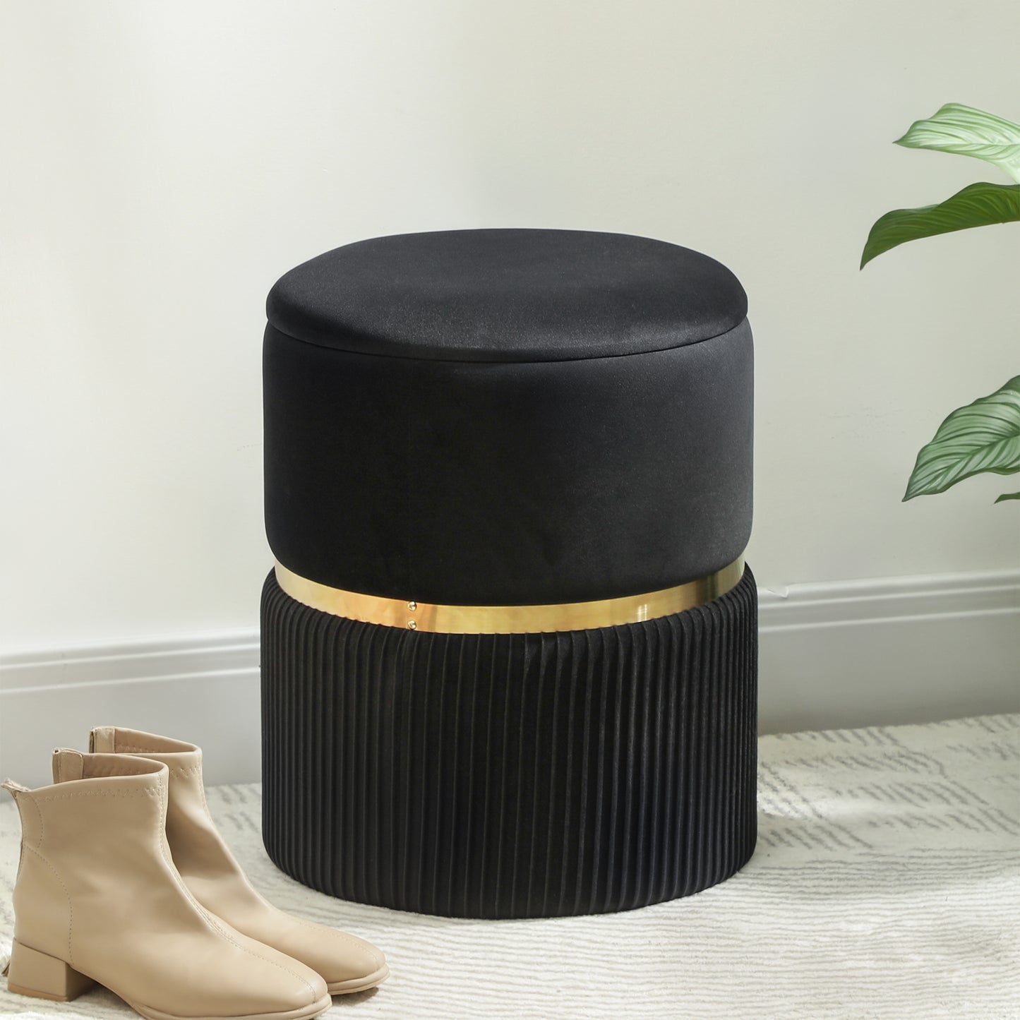 Round Storage Foot Stool, Velvet-Feel Fabric Upholstered Pouffe