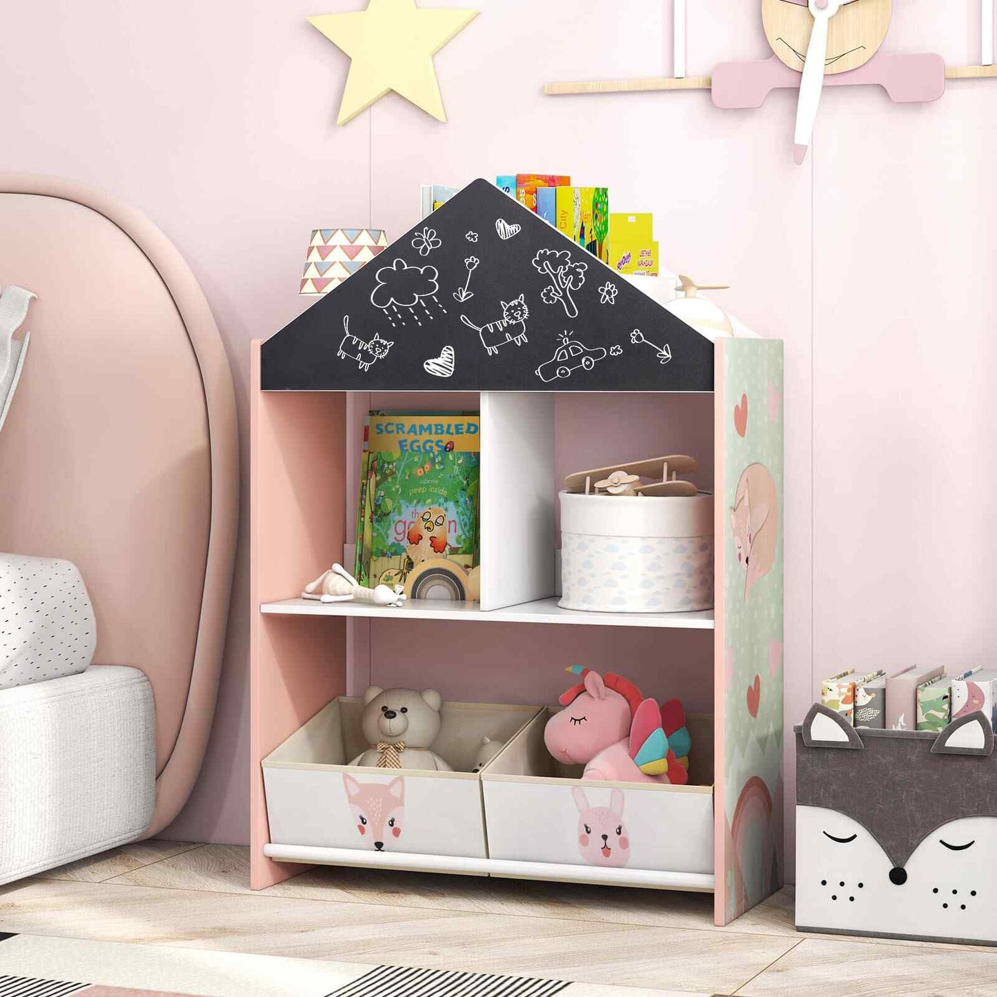 COSTWAY Kids Dollhouse Bookshelf Wooden Toy Storage Organizer-Pink SVE10199PITP