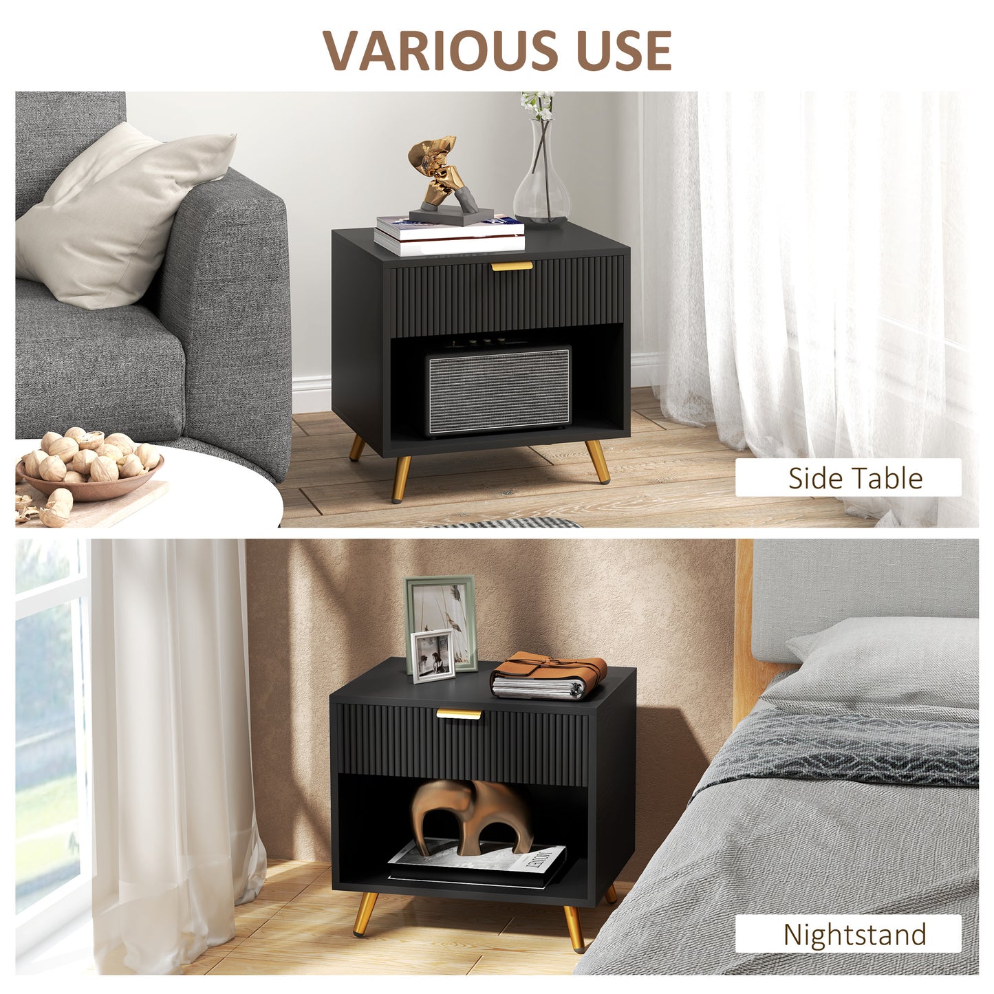 End Table with Drawer and Open Compartment for Bedroom