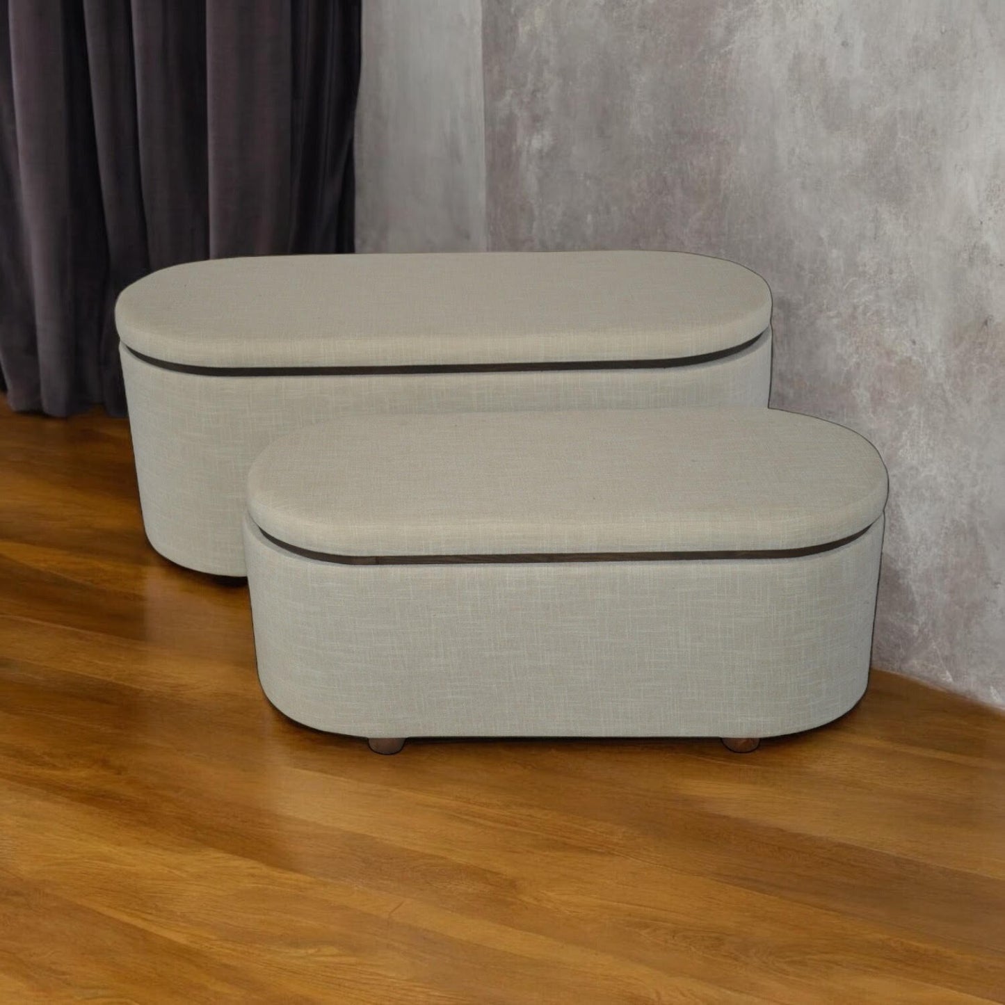 Extra Large Cream Linen Stylish Storage Seating Stools Set - 2 with Lift-Up Lids