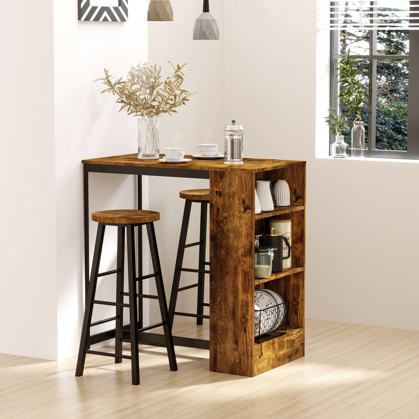 3 Pieces Bar Table Set Pub Dining Table Set W/ Storage Shelf and 2 Stools