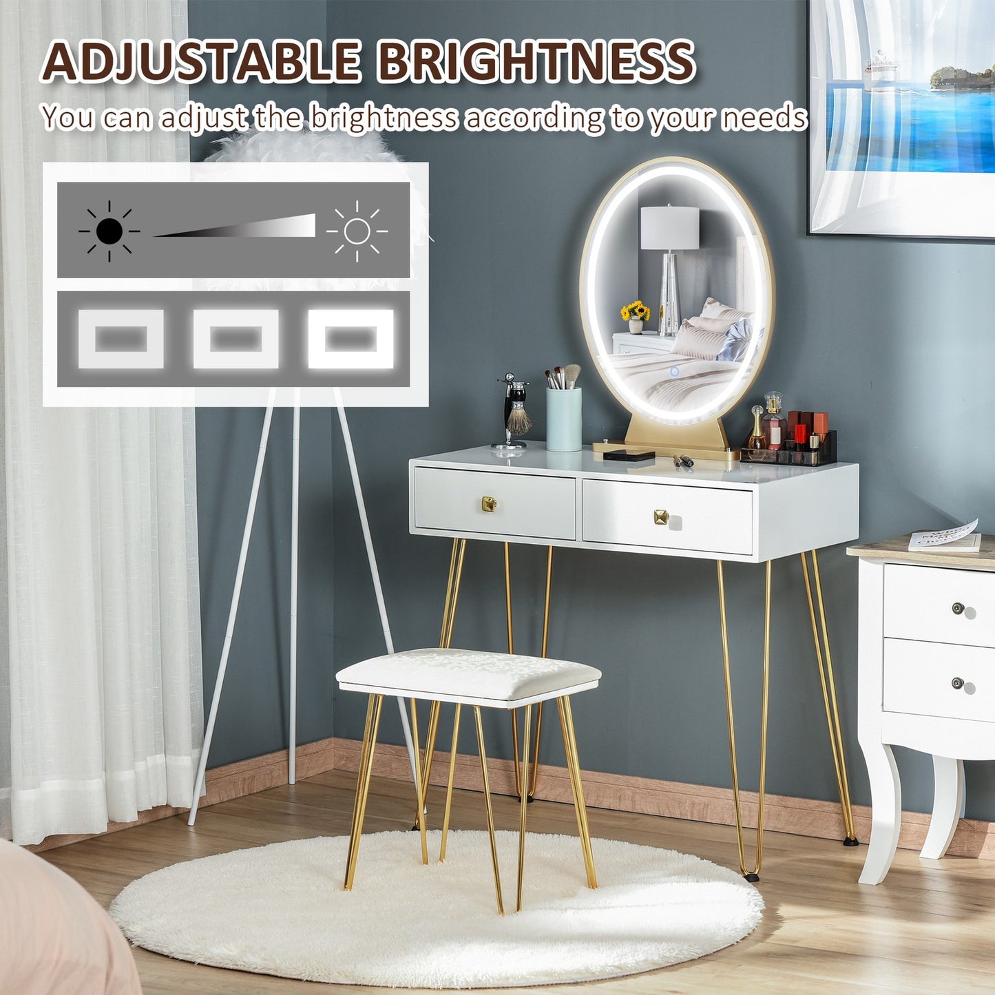 Dressing Table Set with Two Drawers and Cushioned Stool for Makeup Application