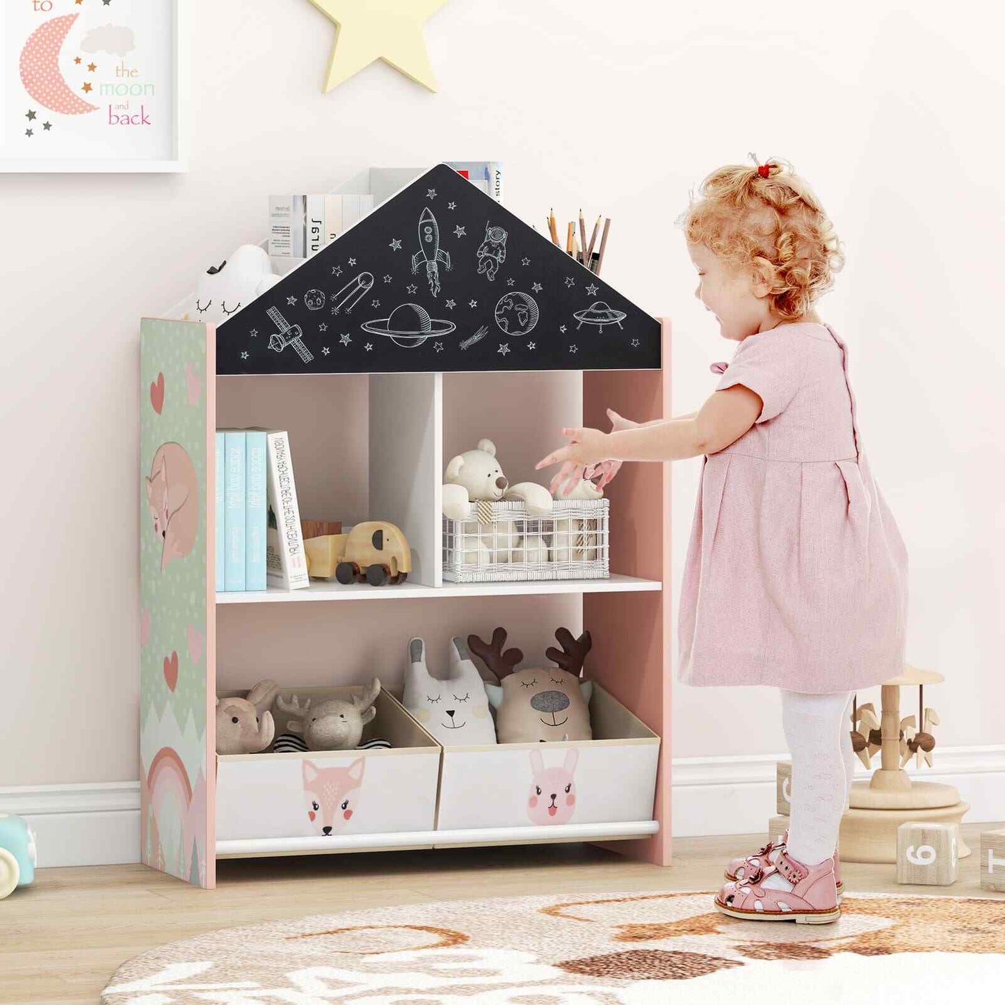 COSTWAY Kids Dollhouse Bookshelf Wooden Toy Storage Organizer-Pink SVE10199PITP