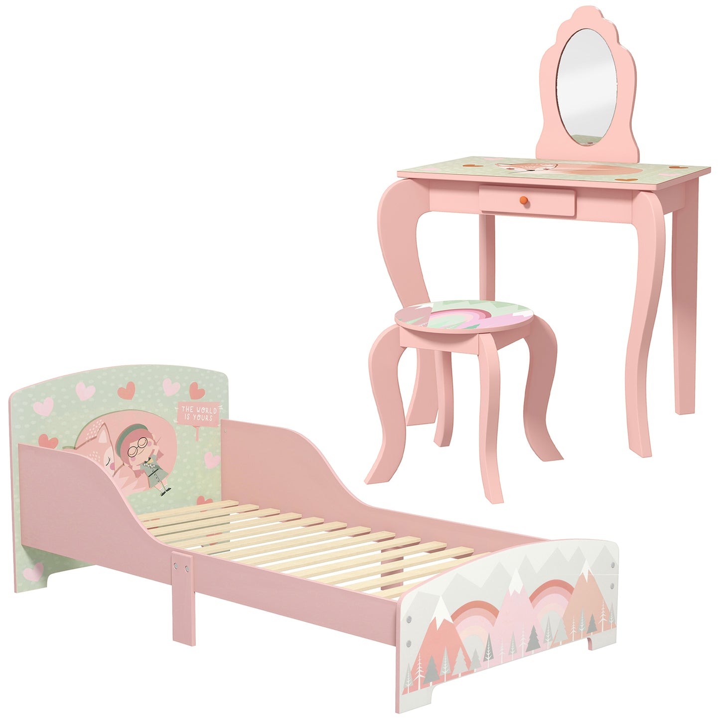 Cute Animal Design Toddler Bed Frame, Kids Dressing Table Set, Pink