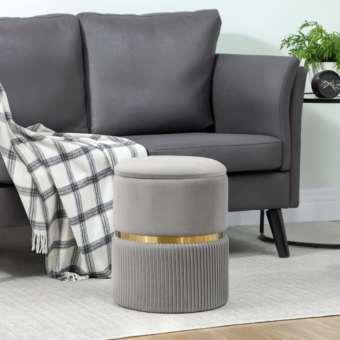 Round Storage Foot Stool, Velvet-Feel Fabric Upholstered Pouffe