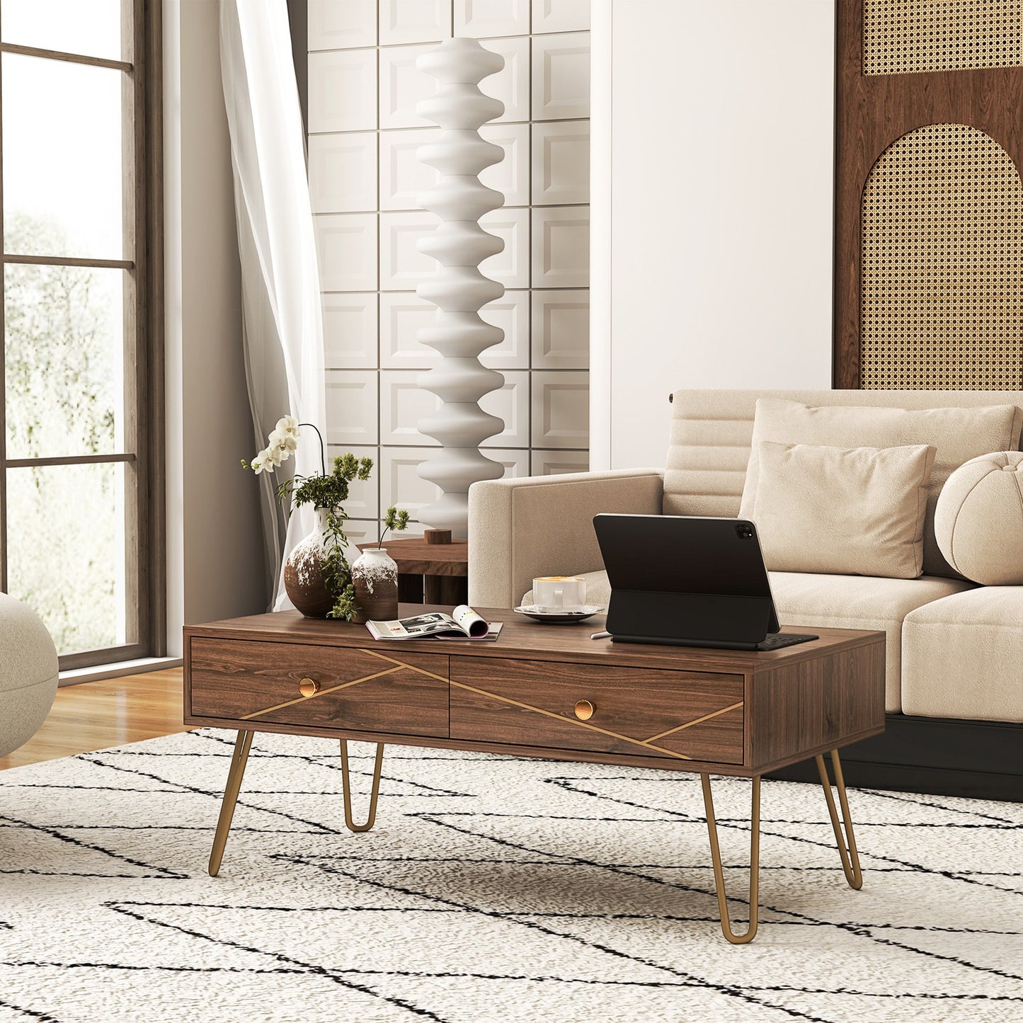 Coffee Table with Storage, Living Room Tea Table with Drawers, Steel Base, Brown