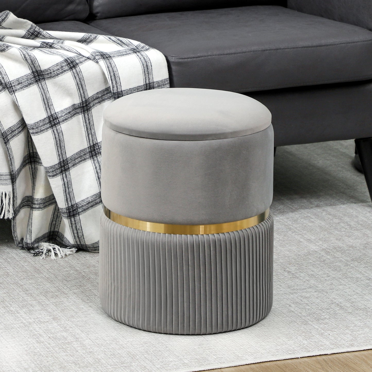 Round Storage Foot Stool, Velvet-Feel Fabric Upholstered Pouffe
