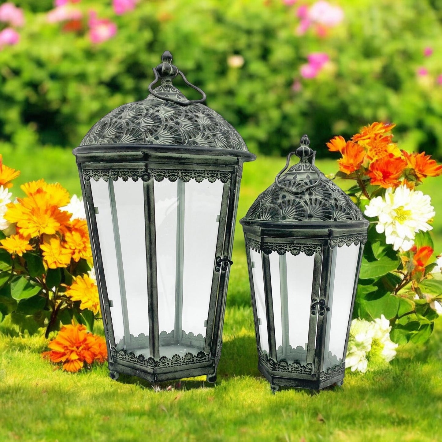 Set of 2 Tall Antiqued Style Green Metal and Glass Garden Lantern Indoor Outdoor