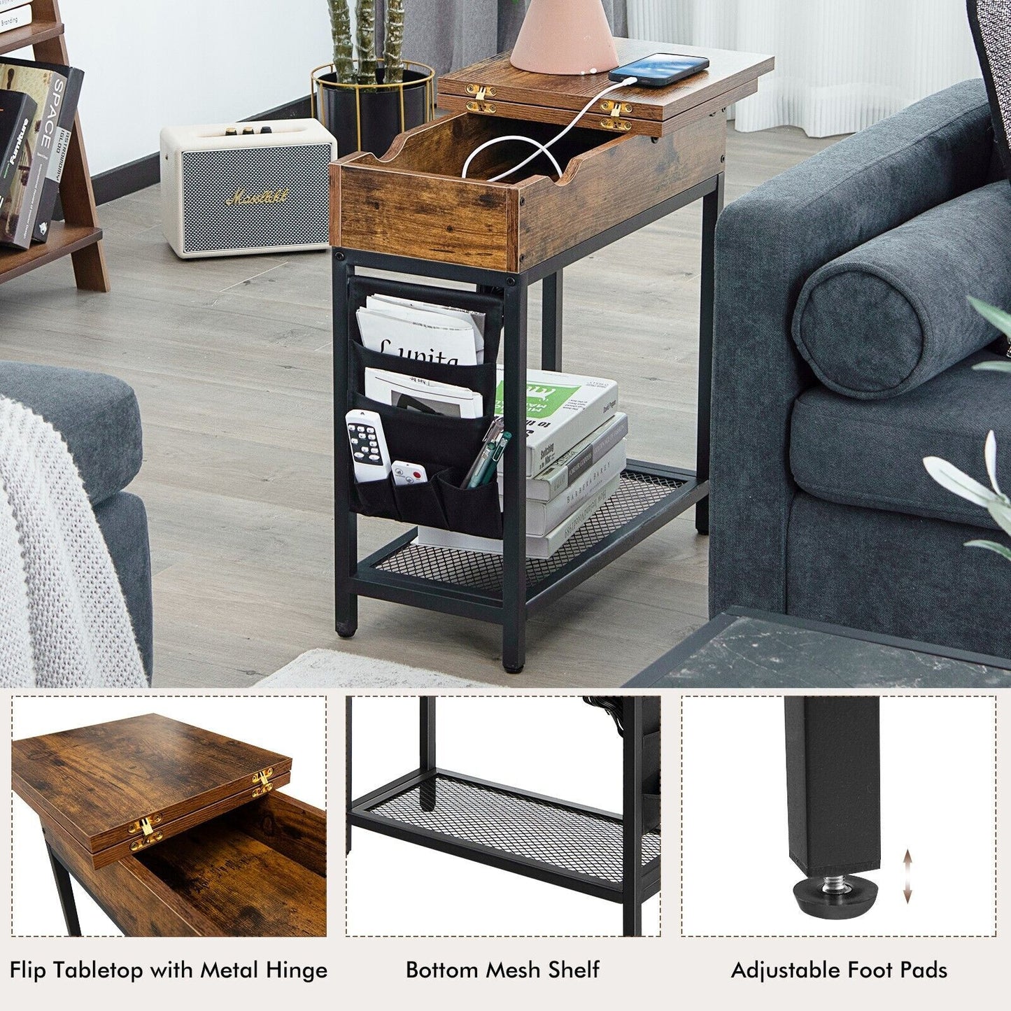 2-Tier Side Table End Table W/Usb Ports & Flip Top Narrow Nightstand for Bedroom