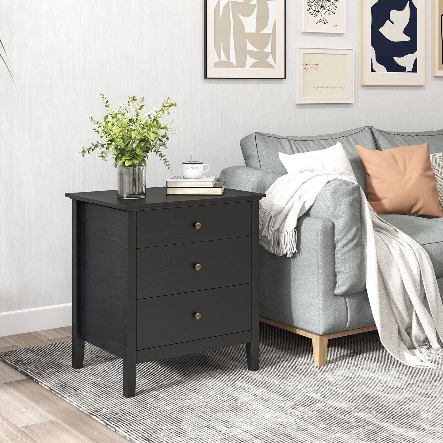 Costway 3-Drawer Nightstand Bedroom Wooden Bed Side Table Modern End Table