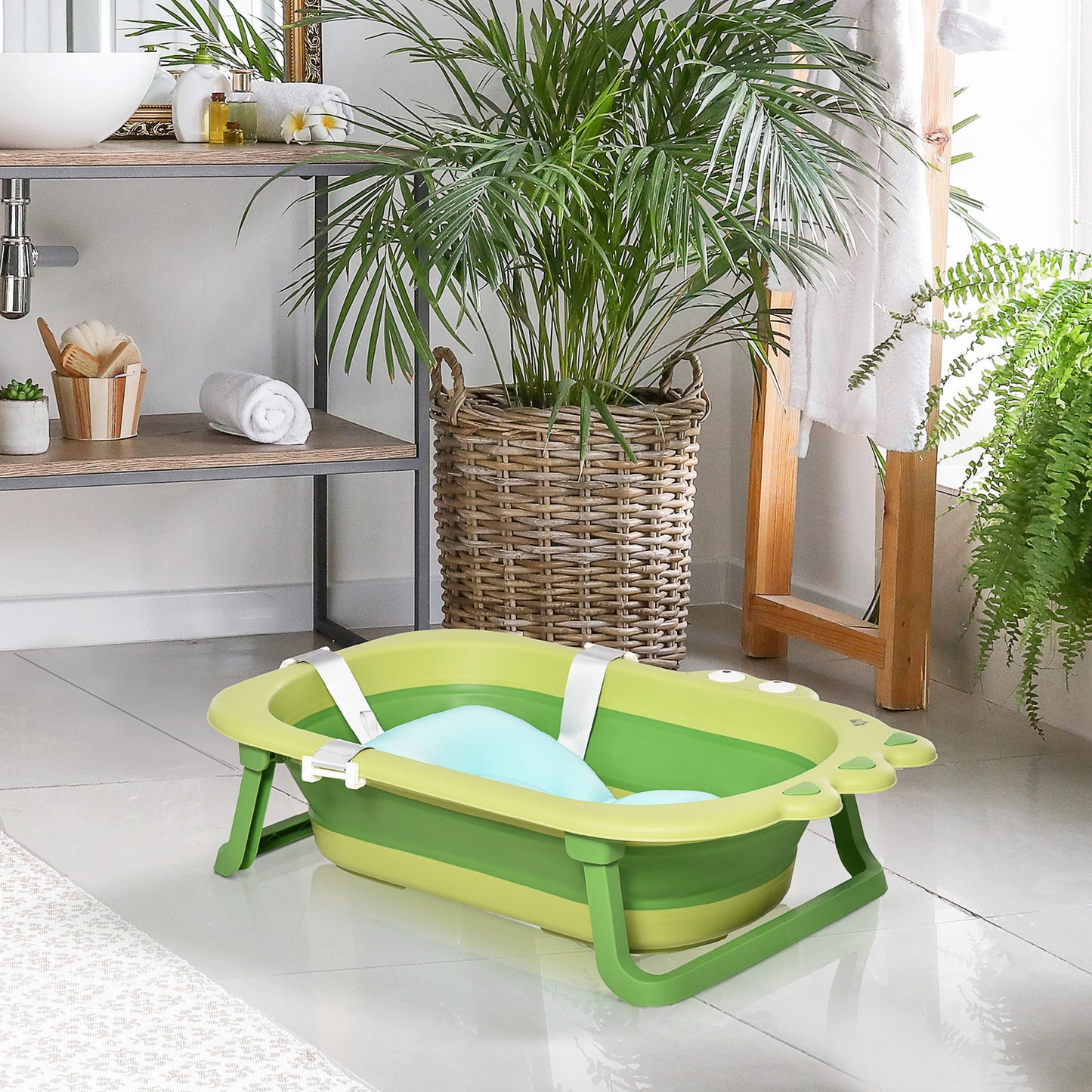 Ergonomic Baby Bath Tub for Toddler with Baby Cushion for 0-3 Years Green