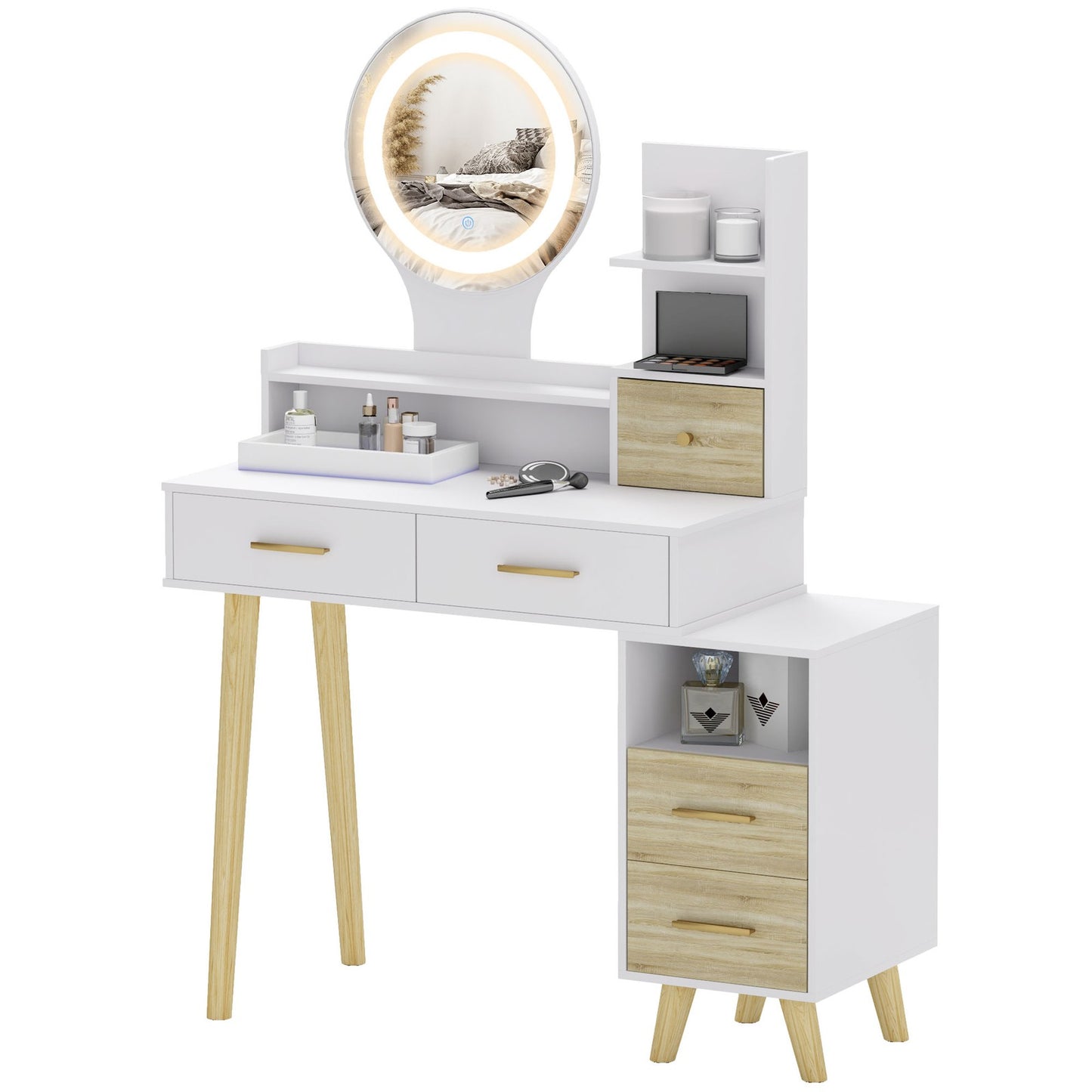 Modern White Vanity Table with Mirror and LED Lighting