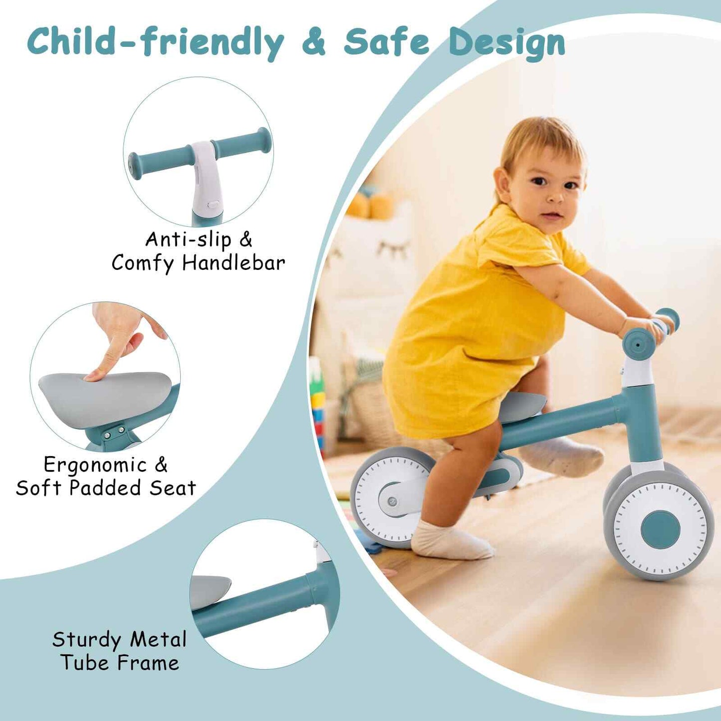Baby Balance Bike 4 Wheels Toddler First Bike No Pedal Baby Walker Riding-Blue