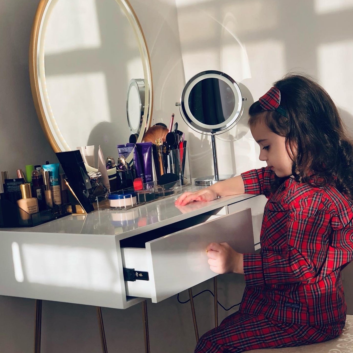 Dressing Table Set with Two Drawers and Cushioned Stool for Makeup Application