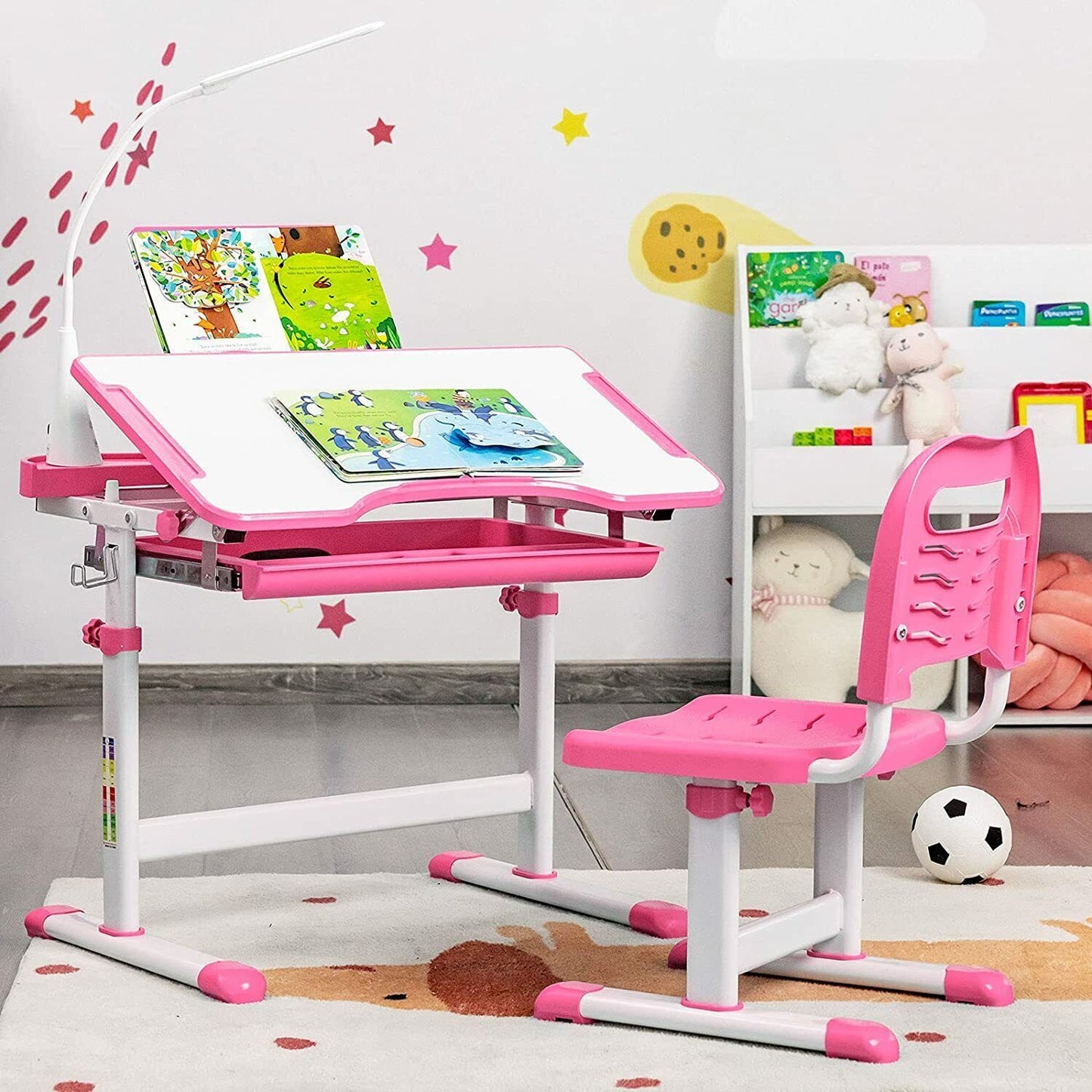 Kids Desk and Chair Set Adjustable Student Study Table W/Drawable Tabletop &Lamp