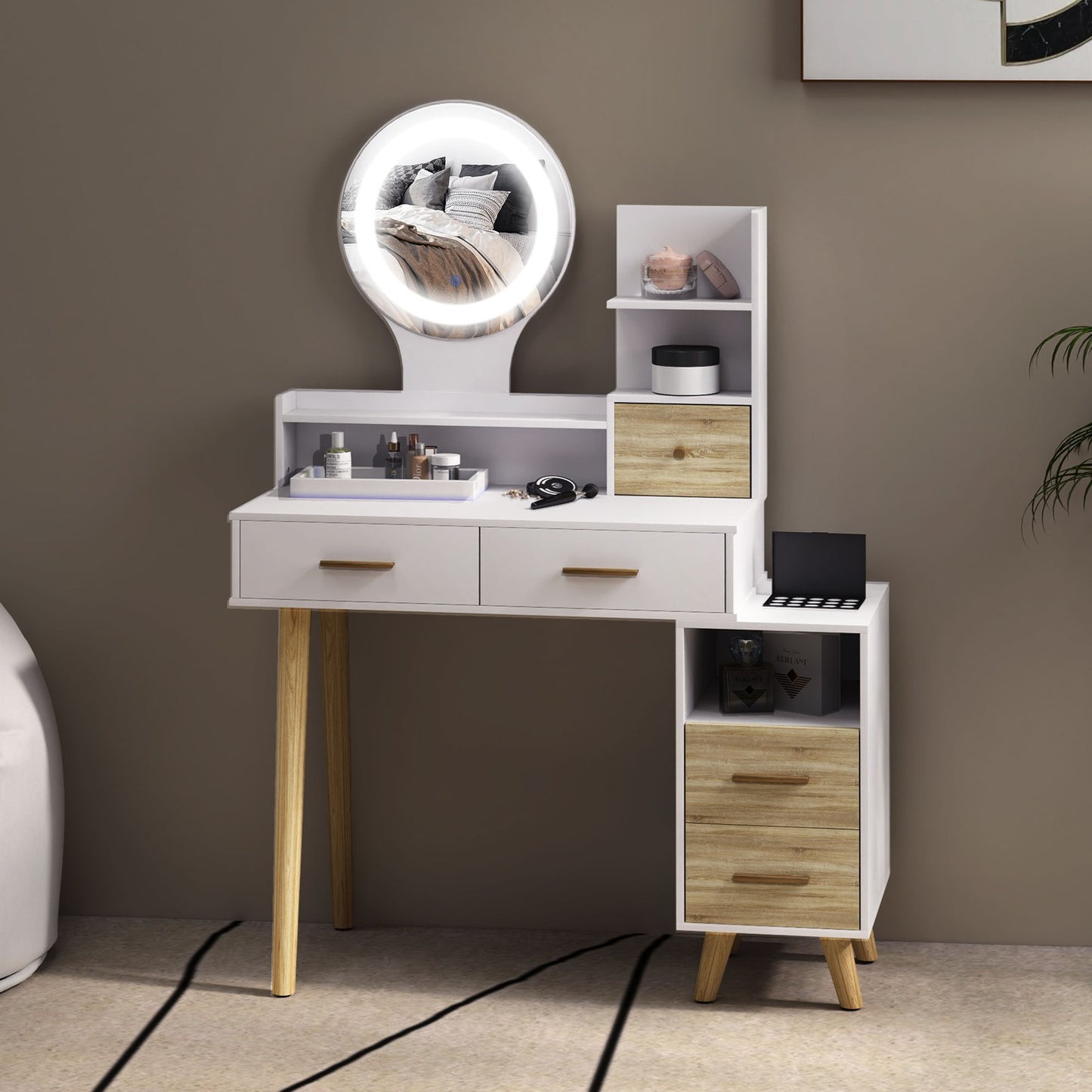 Modern White Vanity Table with Mirror and LED Lighting