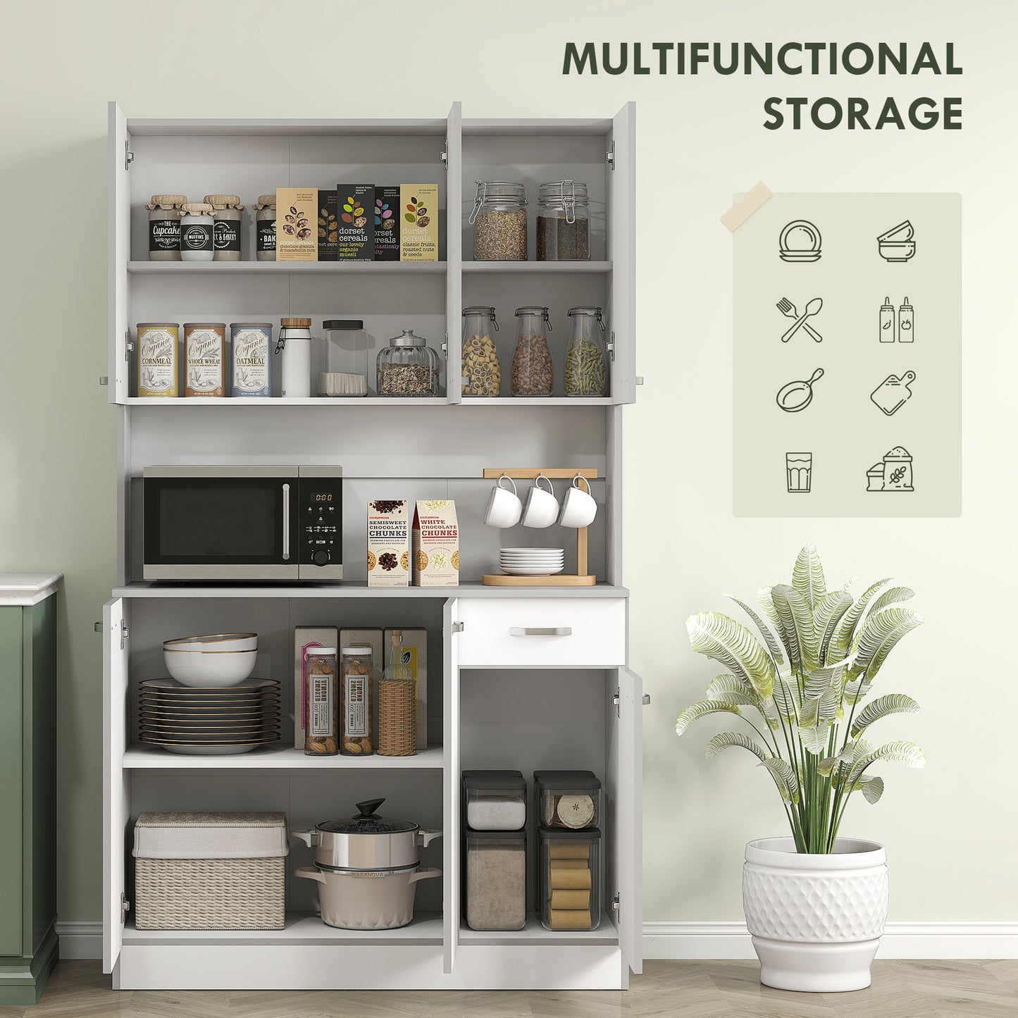 Kitchen Storage Cabinet with 6 Doors, Drawer, Adjustable Shelves