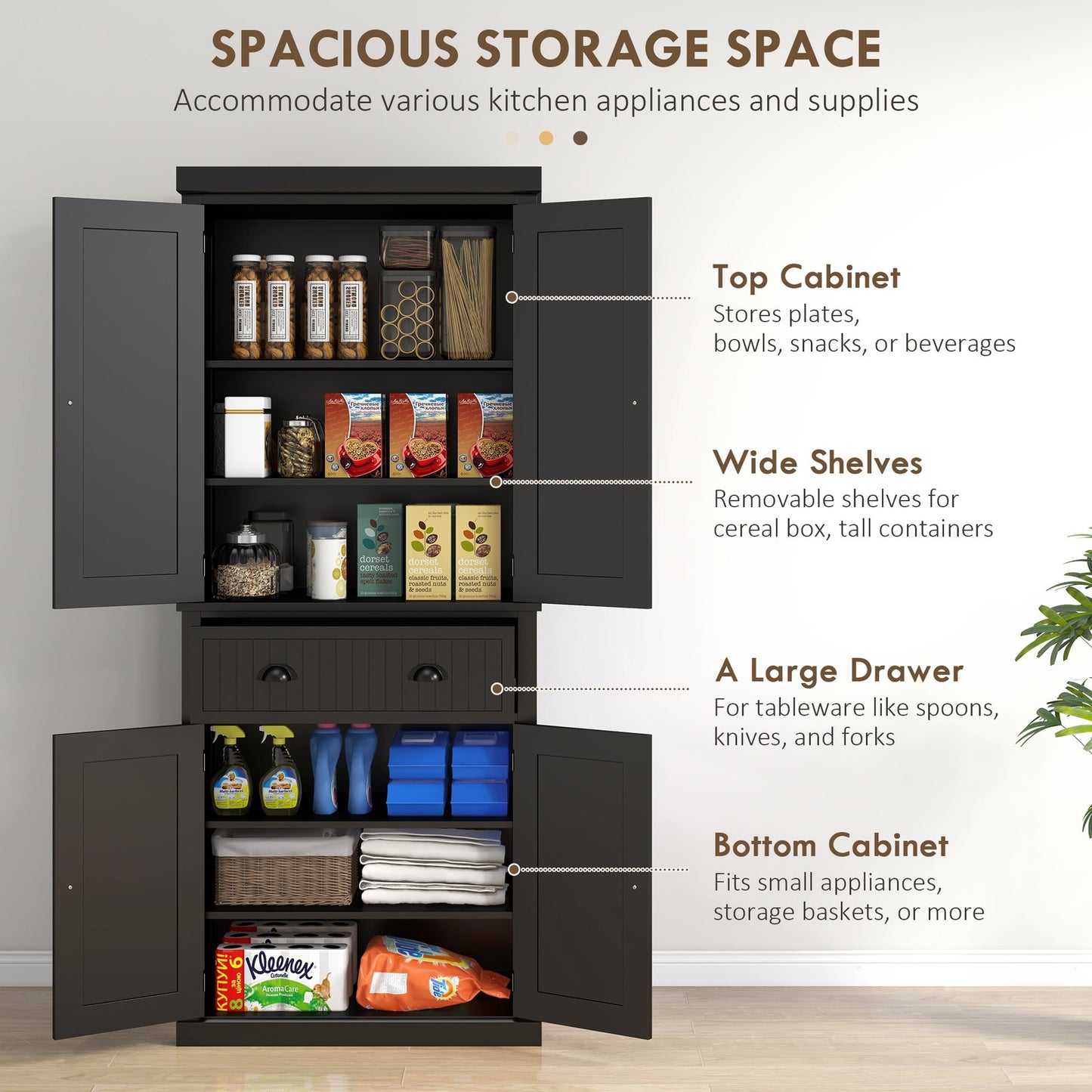 HOMCOM Freestanding Kitchen Storage Cabinet Drawers Cupboards Shelves Black