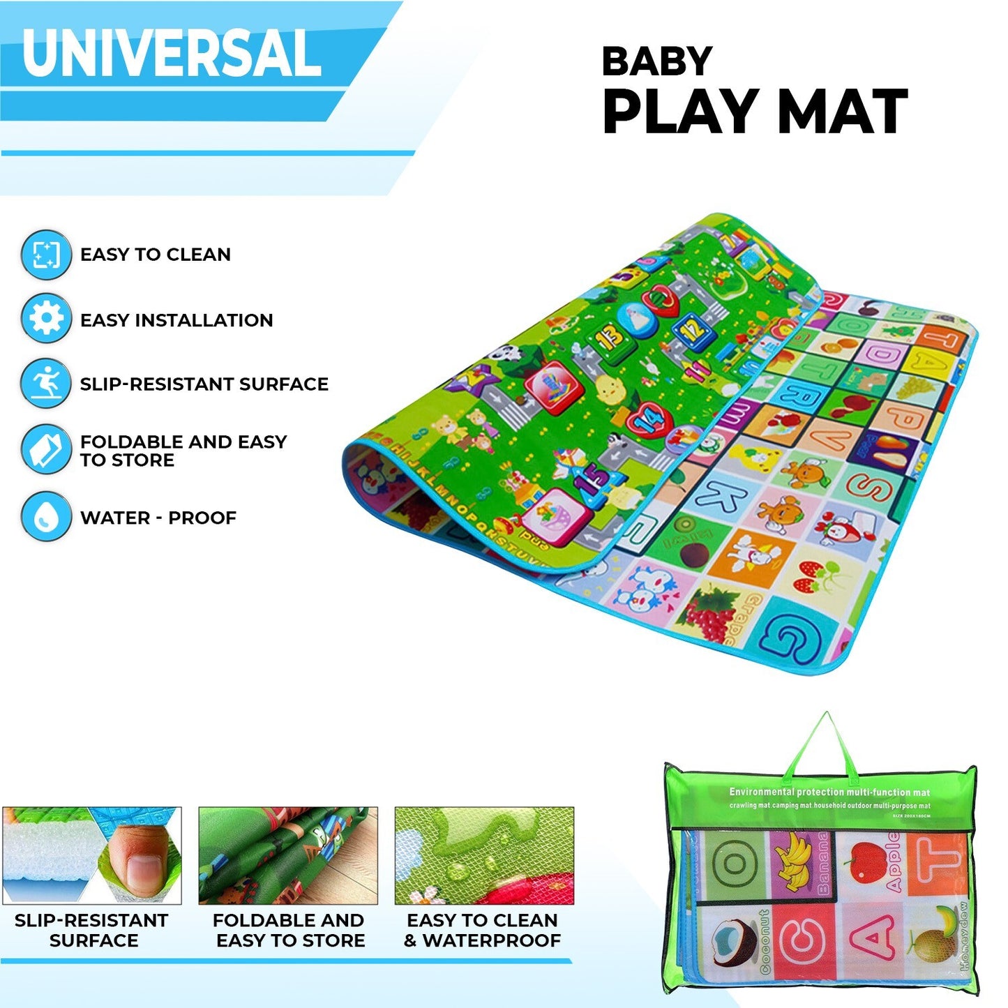 200X180CM KIDS CRAWLING 2 SIDE PLAY MAT EDUCATIONAL GAME SOFT FOAM PICNIC CARPET
