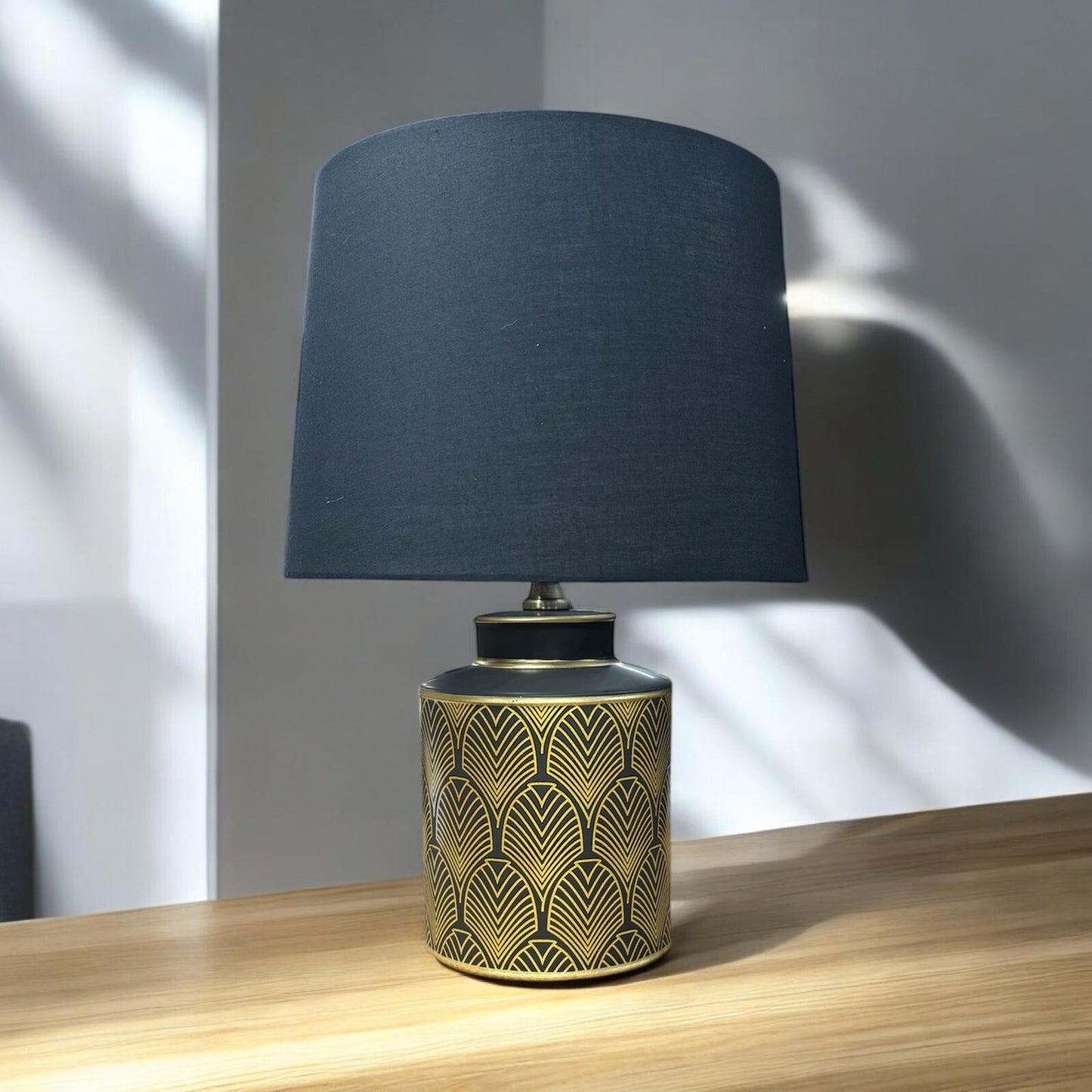 Black & Gold Modern Floral Ceramic Table Lamp Drum Shade Elegant Hall Light 50Cm
