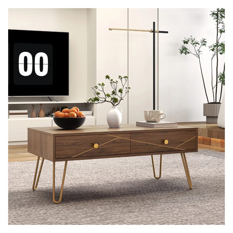 Coffee Table with Storage – Drawers & Steel Base, Brown