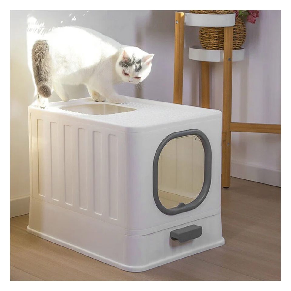 Grey Large Cat Litter Box with Drawer & Anti-Splash Tray