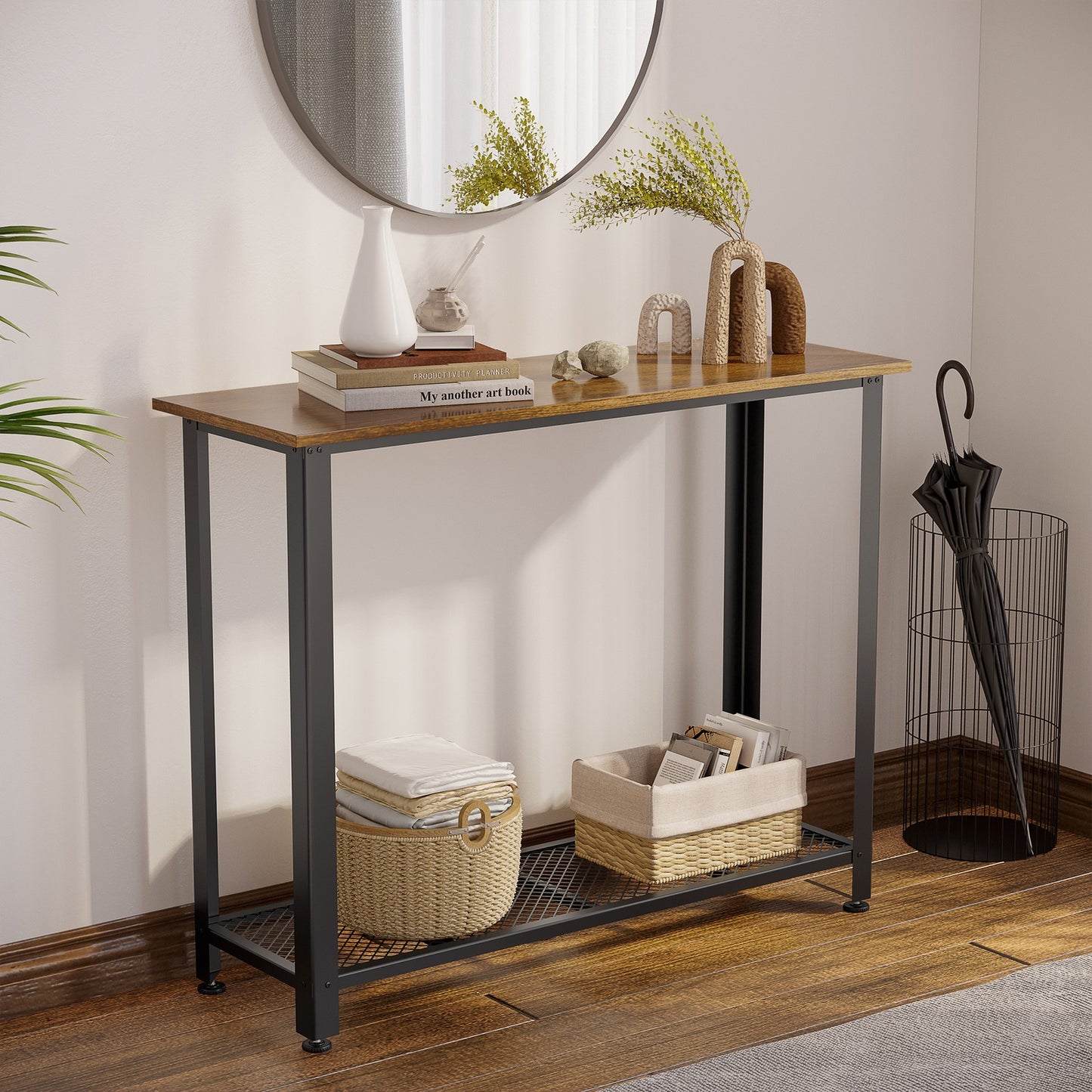 2-Tier Console Table Side/End Table W/ Mesh Shelf Entryway Hallway Furniture