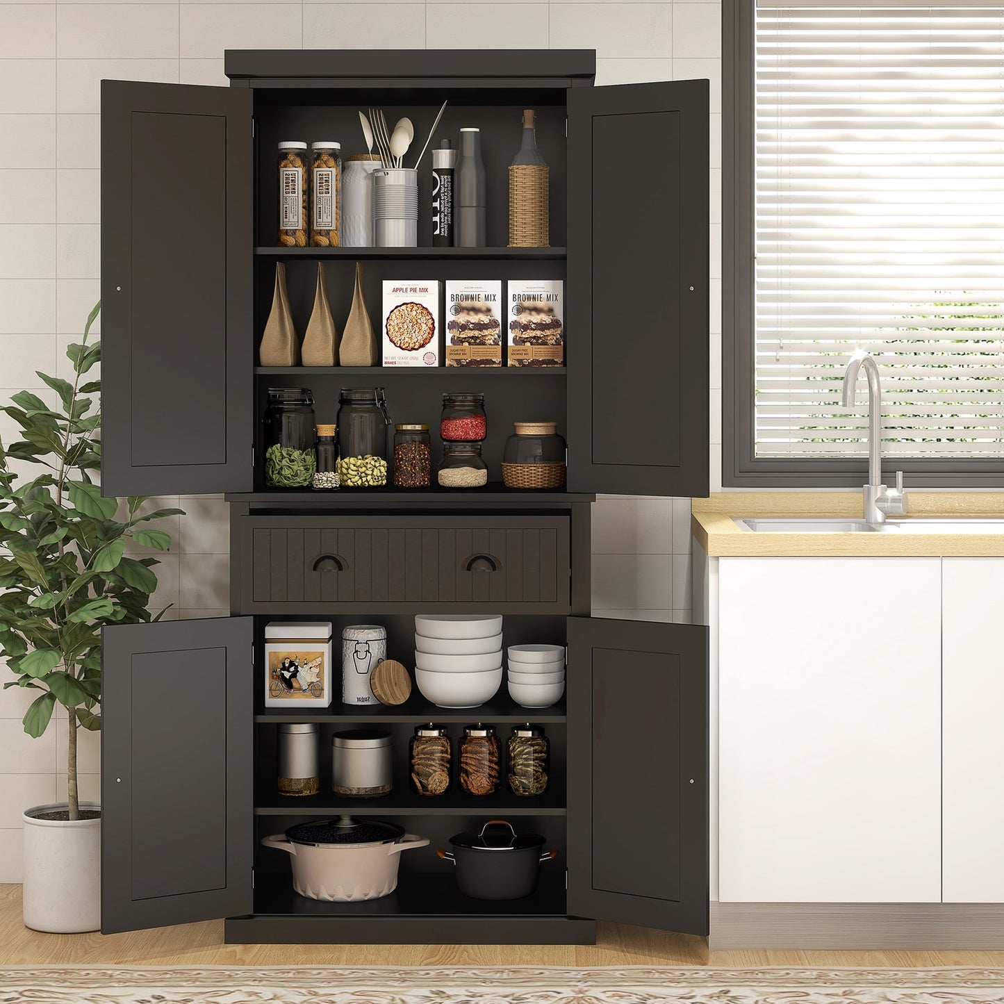 HOMCOM Freestanding Kitchen Storage Cabinet Drawers Cupboards Shelves Black