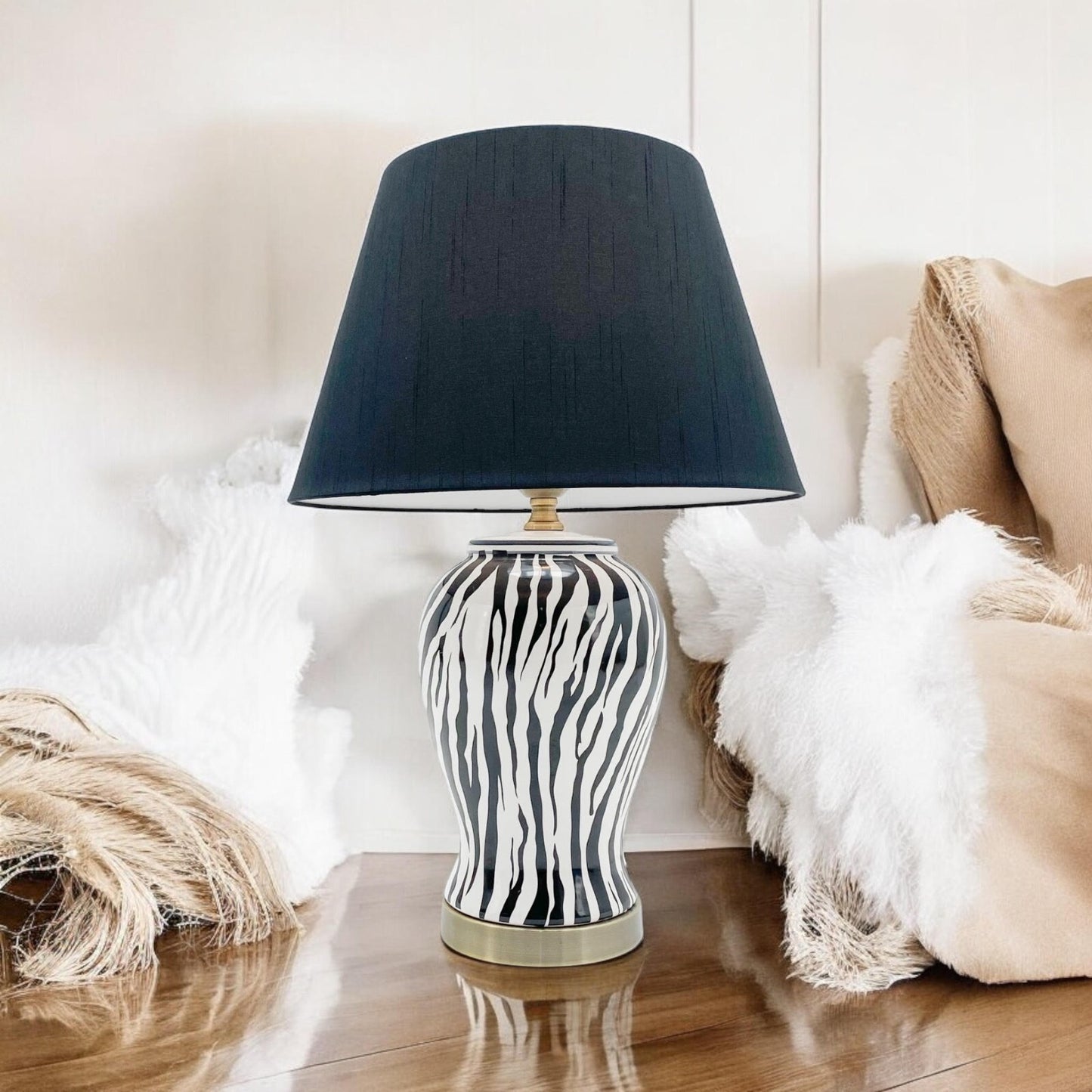 Modern Zebra Ceramic Table Lamp with Drum Black Shade 64Cm Large Bedroom Hallway