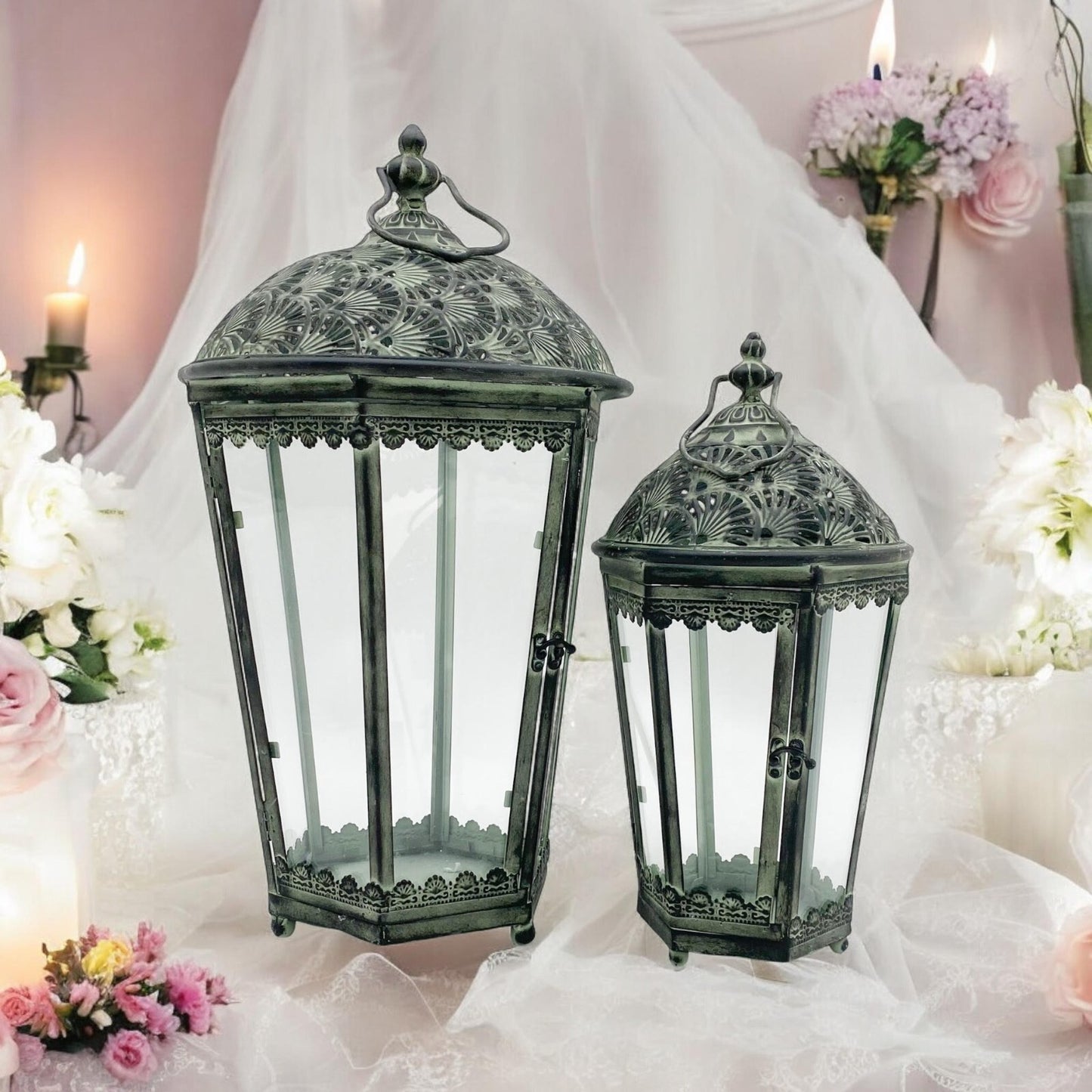 Set of 2 Tall Antiqued Style Green Metal and Glass Garden Lantern Indoor Outdoor