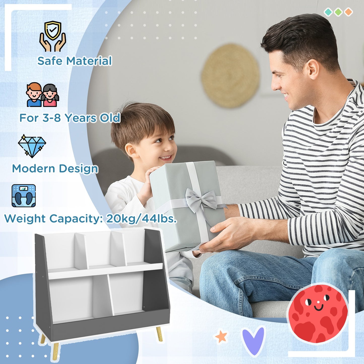 HOMCOM Kids Storage Shelf with 5 Compartments, Anti-Tip Device - Grey