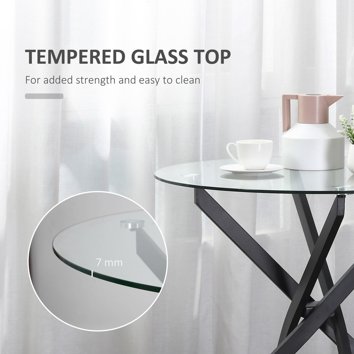 HOMCOM Clear Glass Side Table round Metal Dining Table Dining Living Room Black