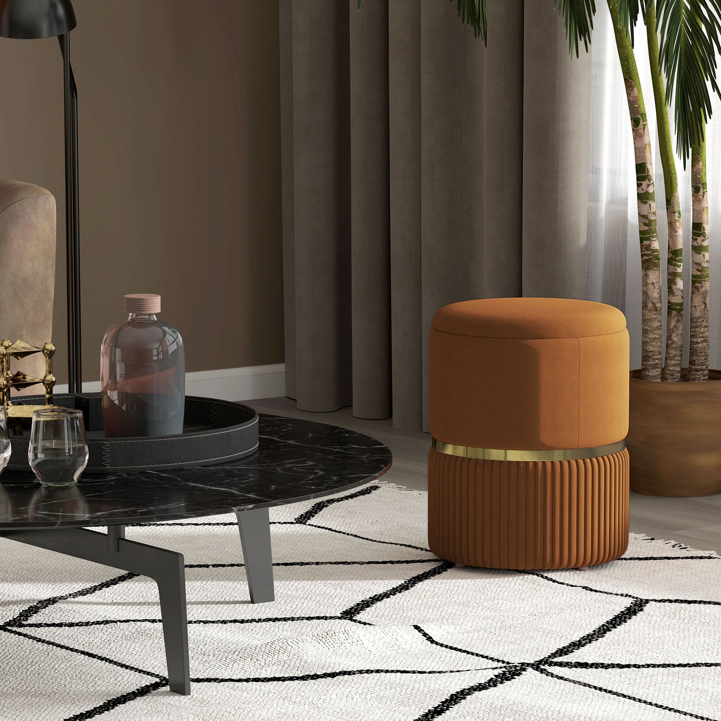 Round Storage Foot Stool, Velvet-Feel Fabric Upholstered Pouffe