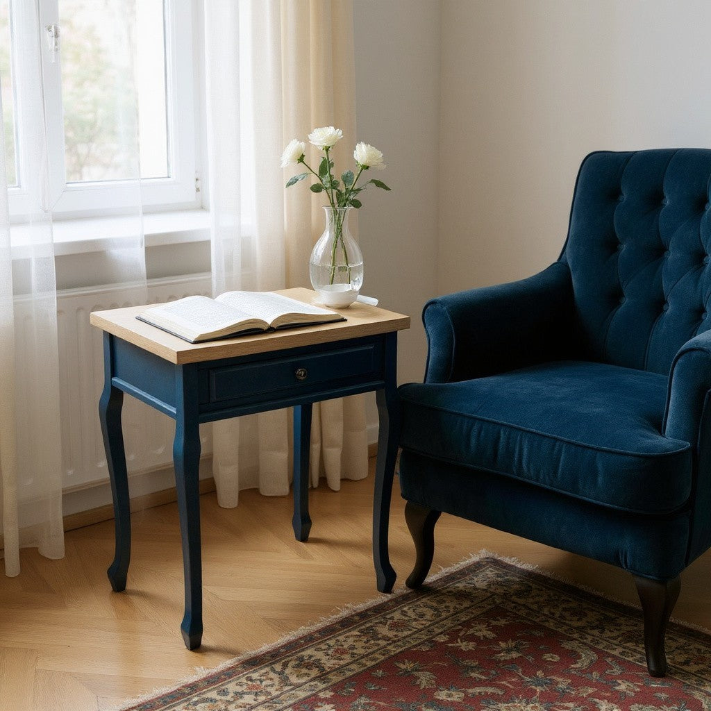 Blue Bedside Table Classic 78CM Solid Wooden Top Furniture 1 Drawer for Bedroom
