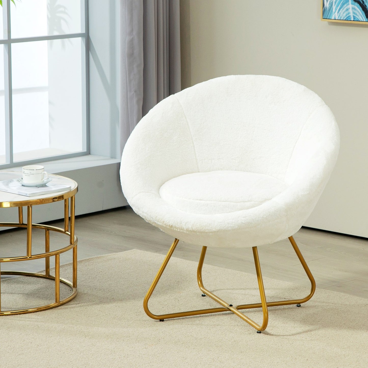 Faux Fur Accent Chair with Golden Metal Legs, Non-Slip Footpads, White