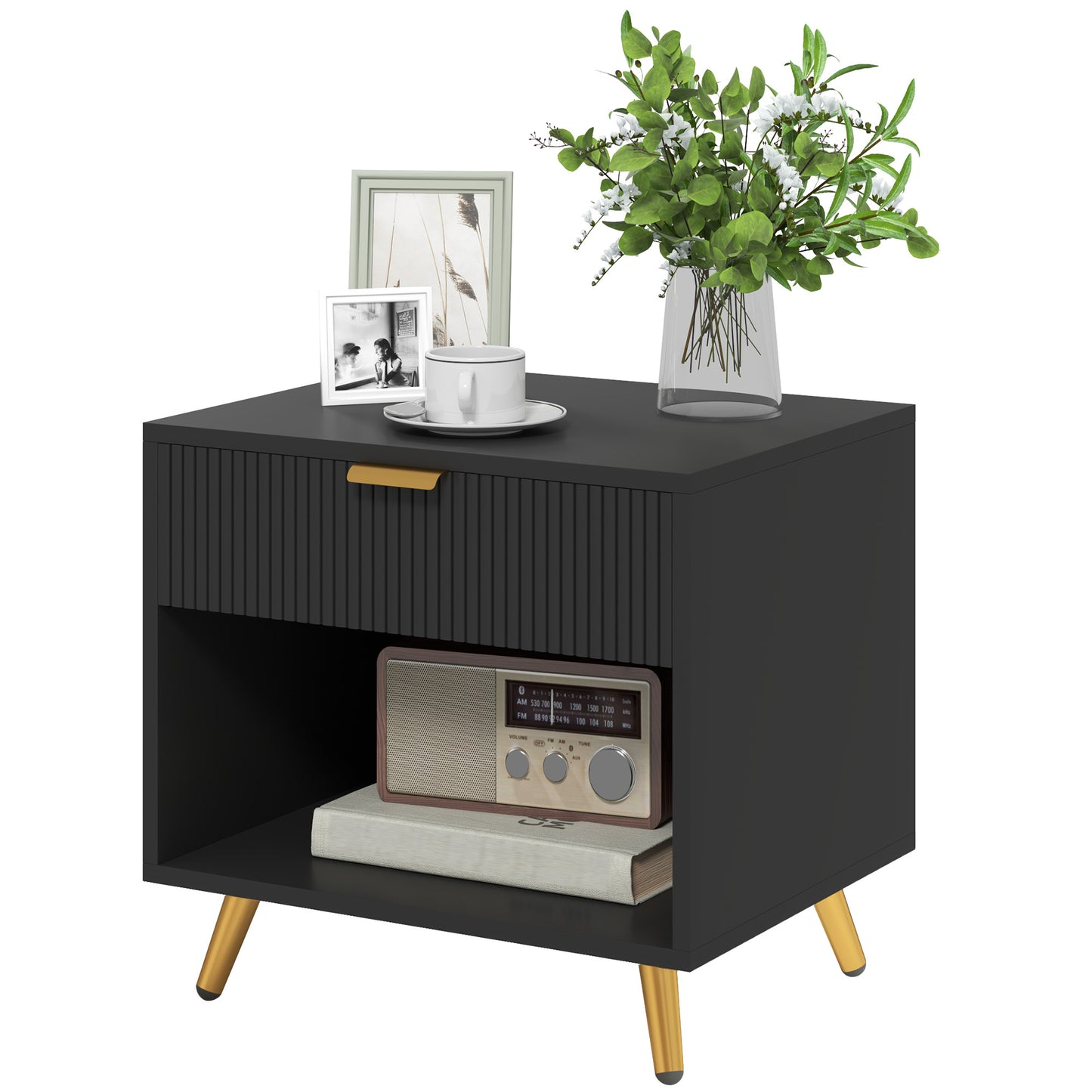 End Table with Drawer and Open Compartment for Bedroom