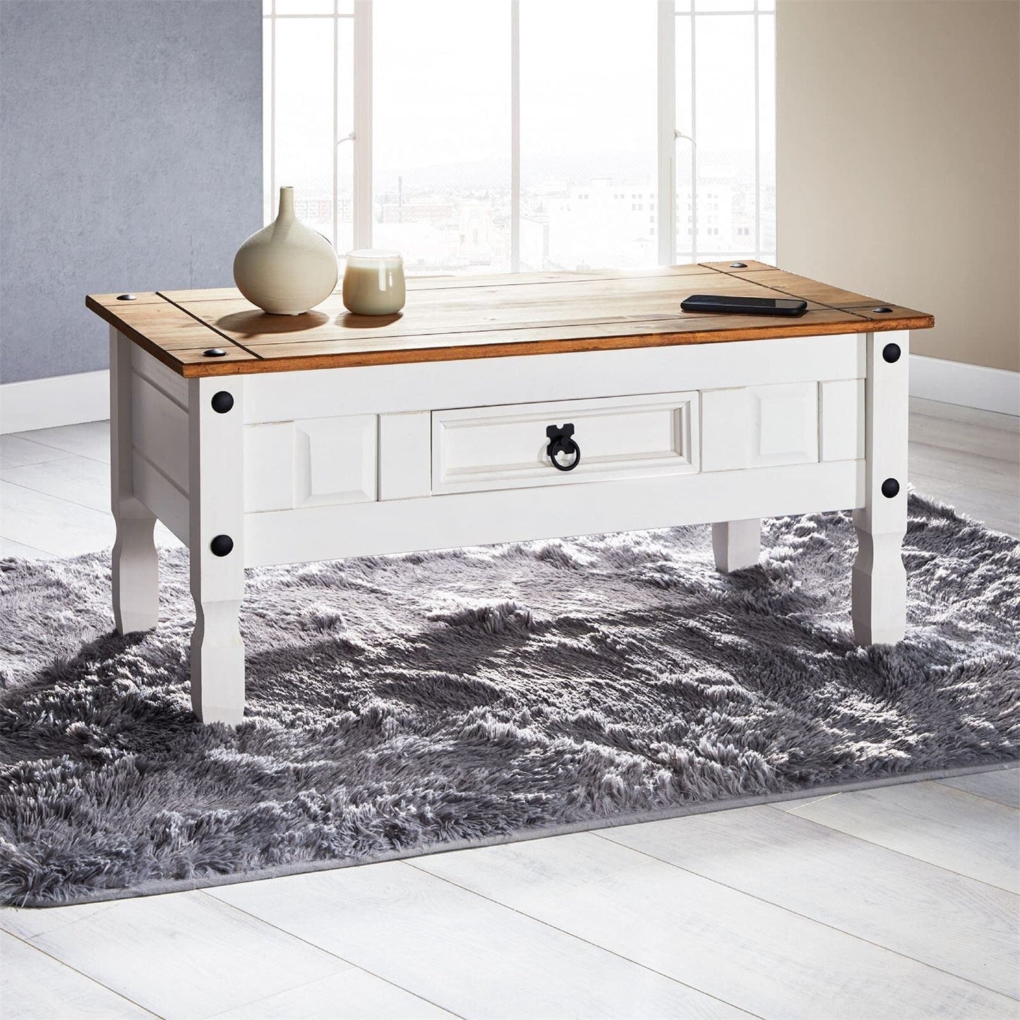 Corona White Coffee Table 1 Drawer Solid Wood Occasional Table Mexican Pine