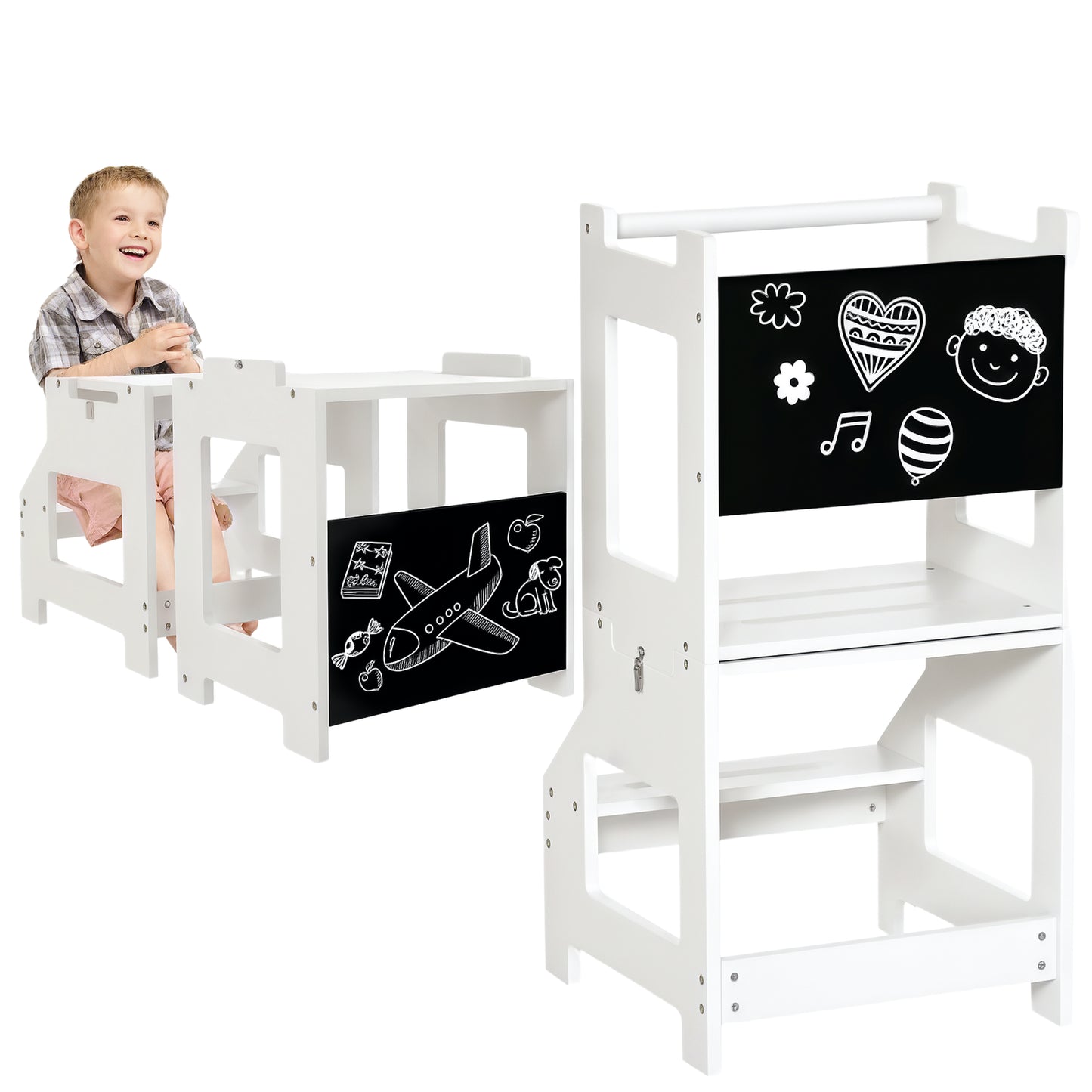 2-In-1 Kids Kitchen Step Stool Table Chair Set W/ Safety Rail Chalkboard, White
