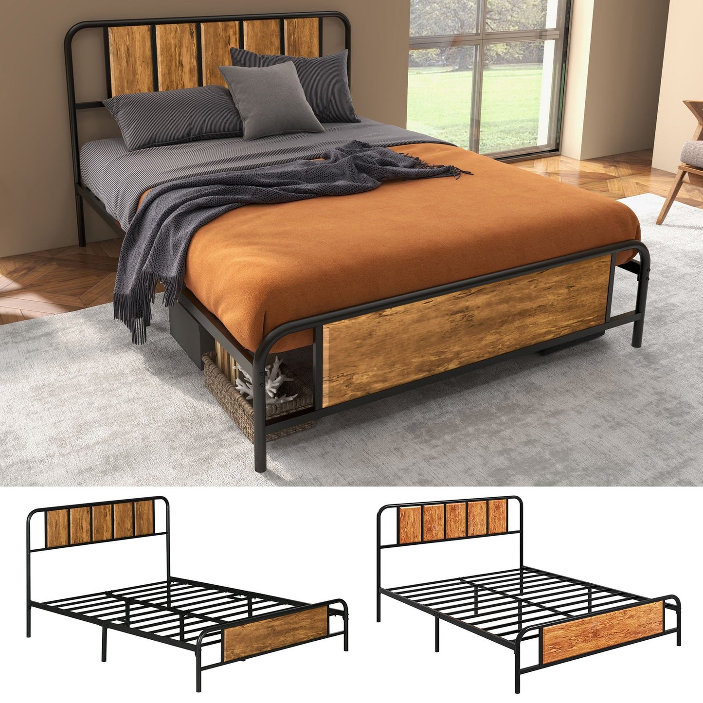 Bed Frame with Footboard and under Bed Storage Rustic Brown