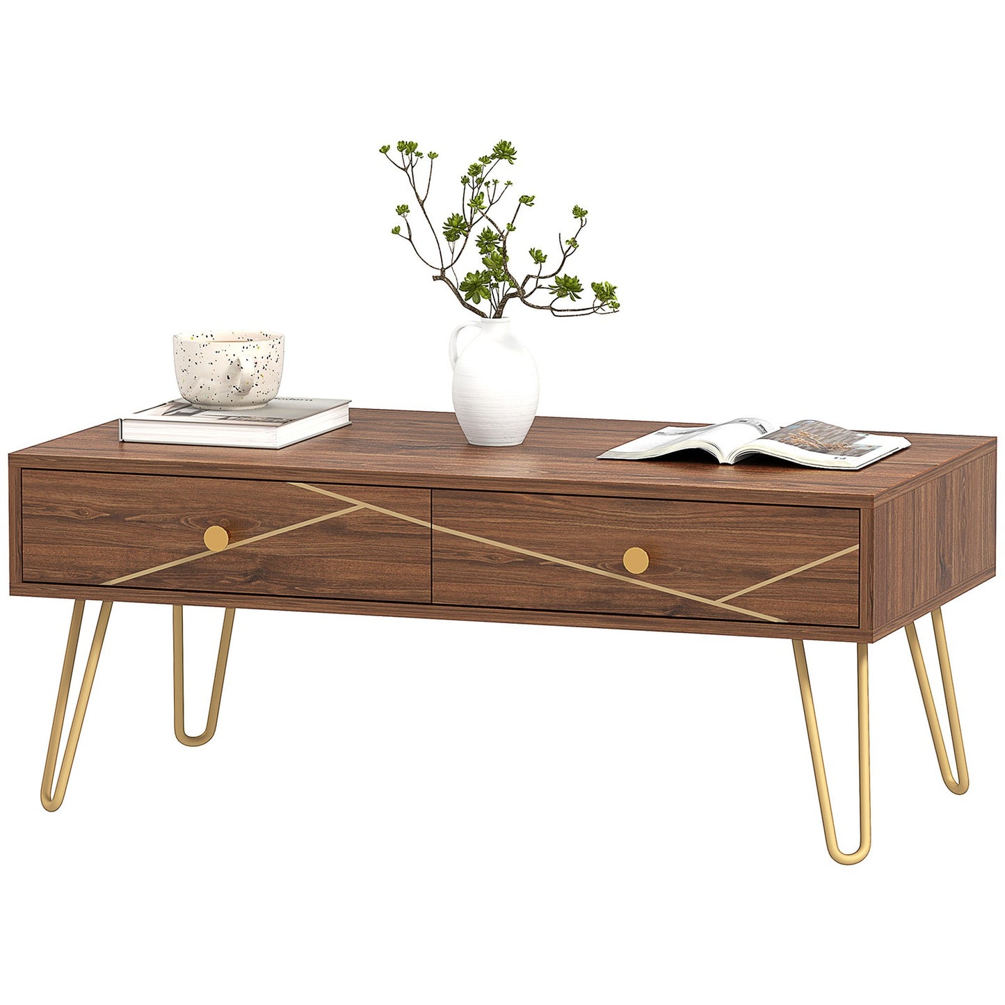 Coffee Table with Storage, Living Room Tea Table with Drawers, Steel Base, Brown