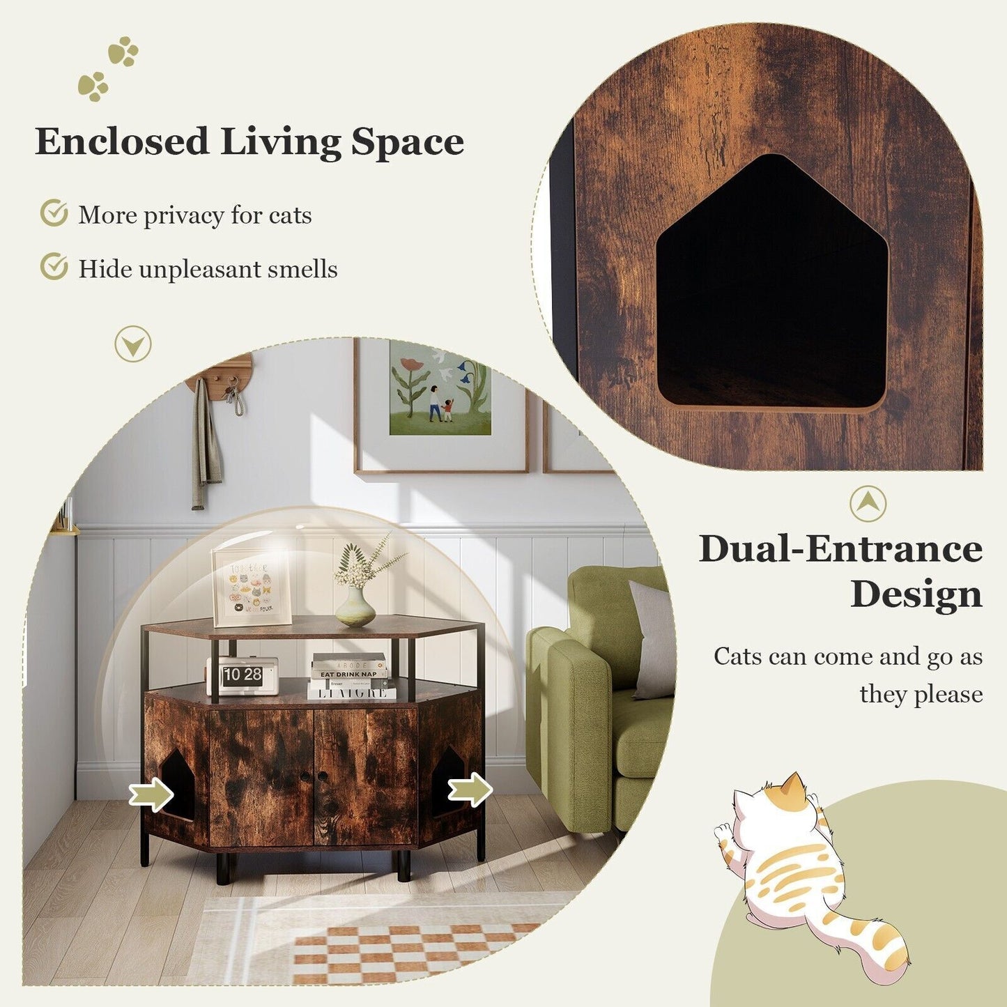 COSTWAY Corner Cat Litter Box Enclosure Cat House Cabinet with Open Shelf