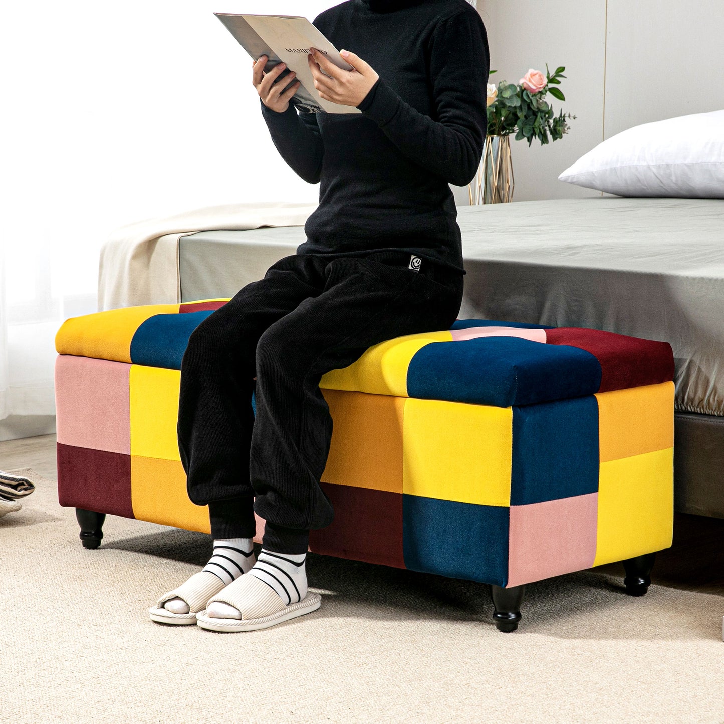 114 X 47 X 47Cm Velvet Storage Ottoman with Lid for Living Room Bedroom
